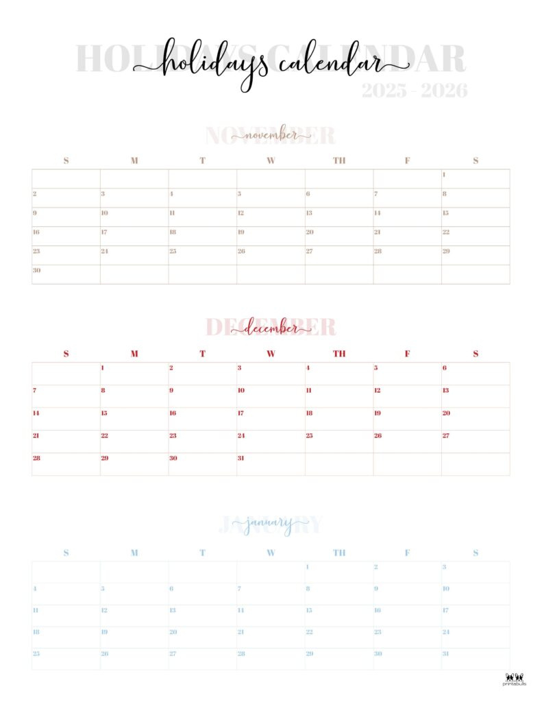 November December 2025 Calendars - 28 Printables | Printabulls for Printable 3 Month Calendar November December 2025 - January 2026