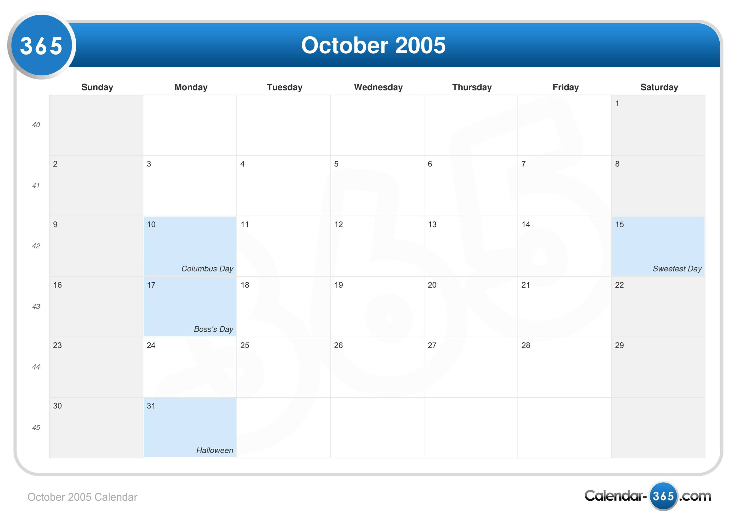October 2005 Calendar within Calendar of 2005 October