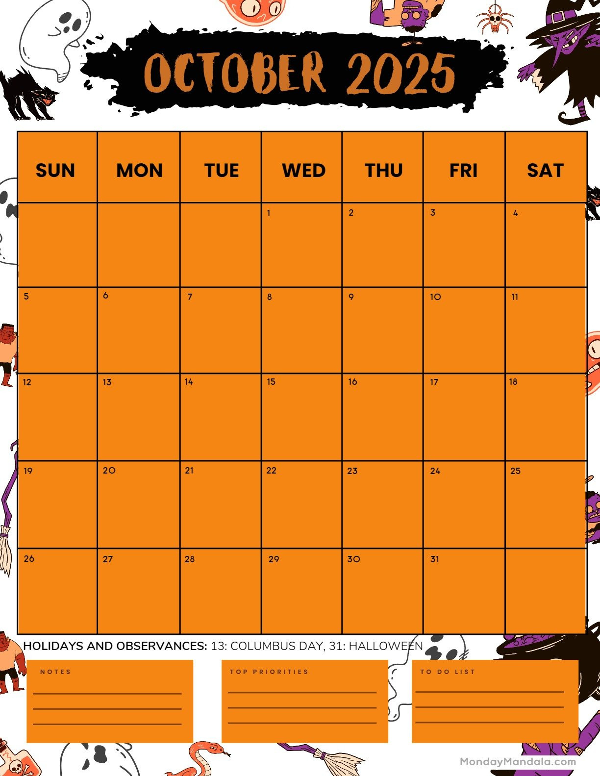 October 2025 Calendar (52 Free Pdf Printables) with regard to October Halloween Calendar 2025 Printable