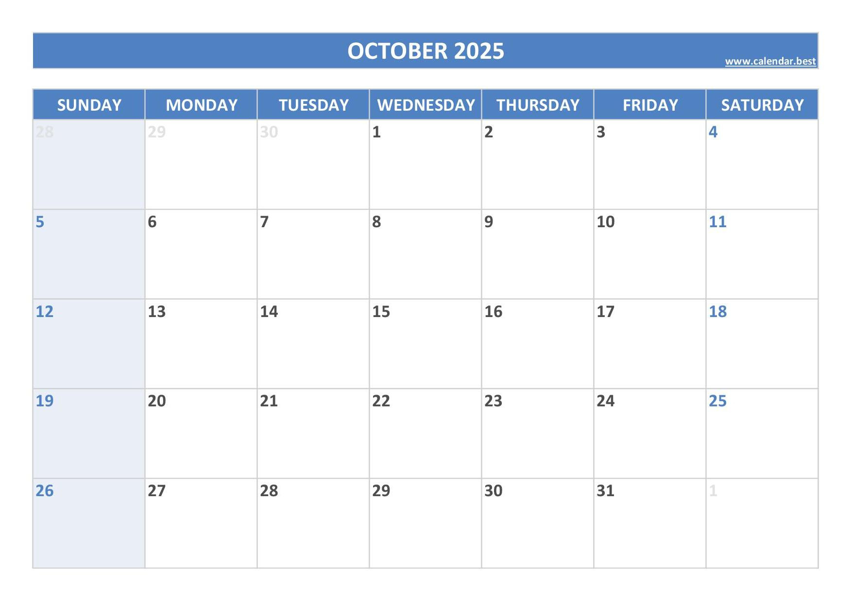 October 2025 Calendar -Calendar.best throughout Blank October 2025 Calendar