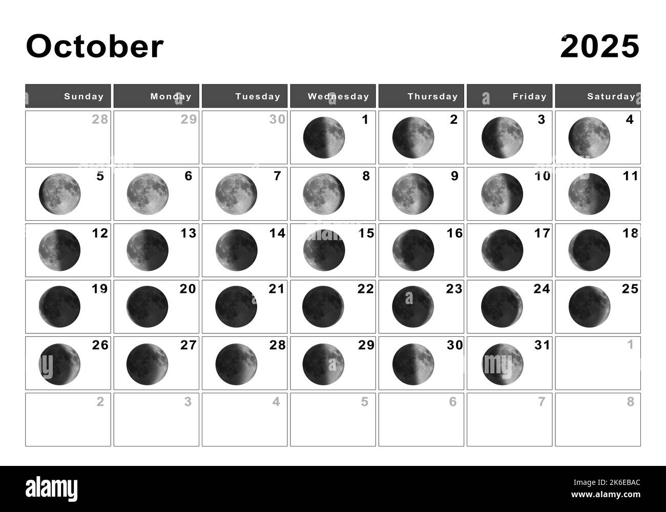 October 2025 Lunar Calendar, Moon Cycles, Moon Phases Stock Photo with Full Moon October 2025 Calendar