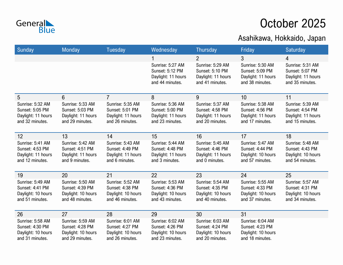 October 2025 Sunrise And Sunset Calendar For Asahikawa, Japan (Pdf inside October 2025 Calendar Weather