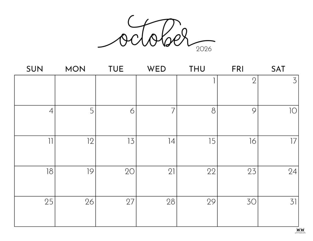 October 2026 Calendars - 123 Free Printables | Printabulls intended for October 2026 Calendar Printable Free