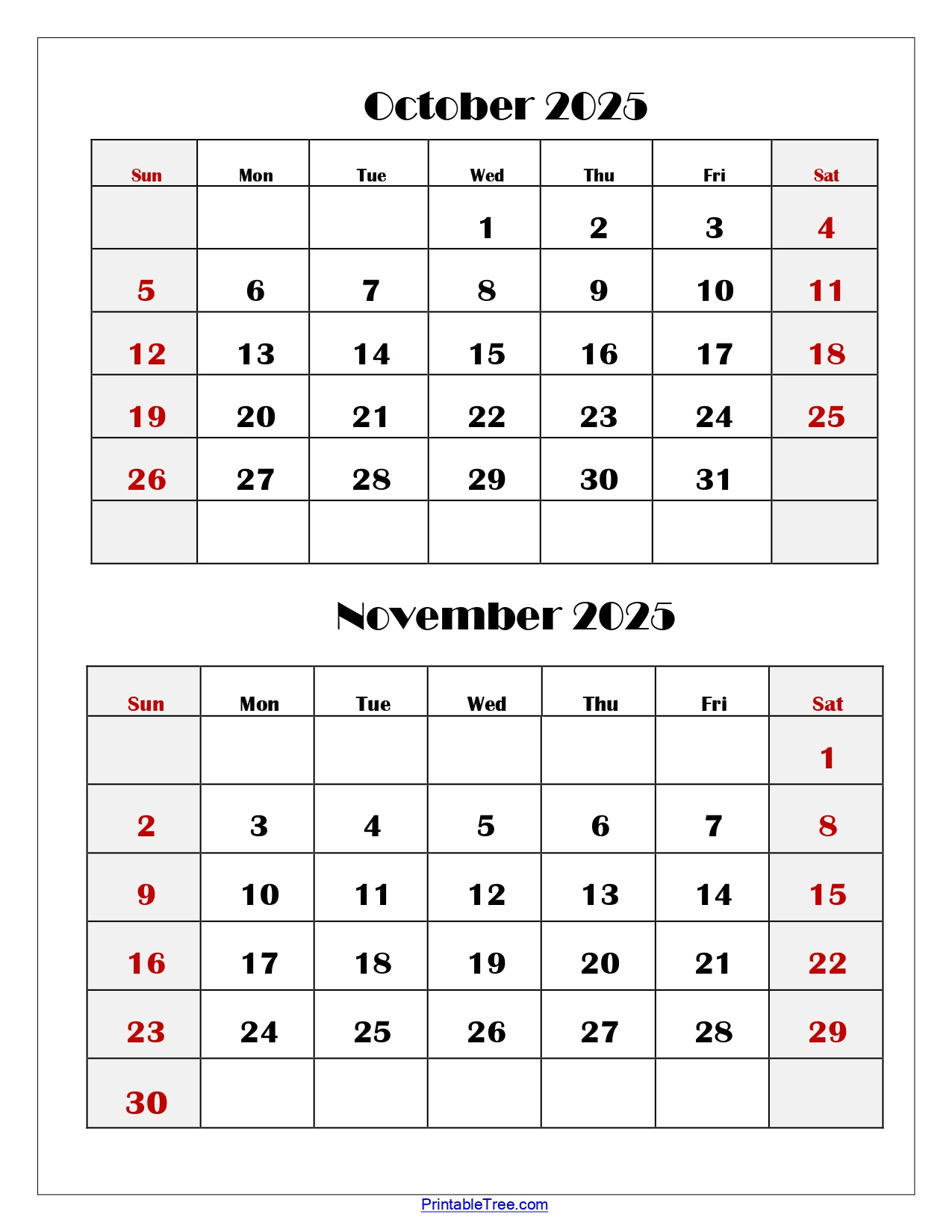 October And November 2025 Calendar Printable Pdf | Two Months Calendar with October and November 2025 Calendar Printable