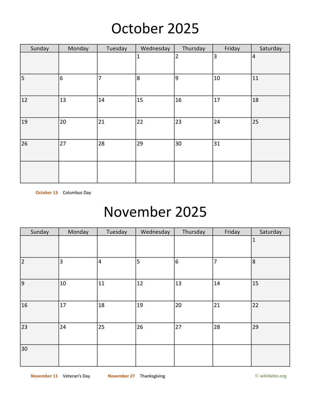 October And November 2025 Calendar | Wikidates with regard to Calendar October and November 2025