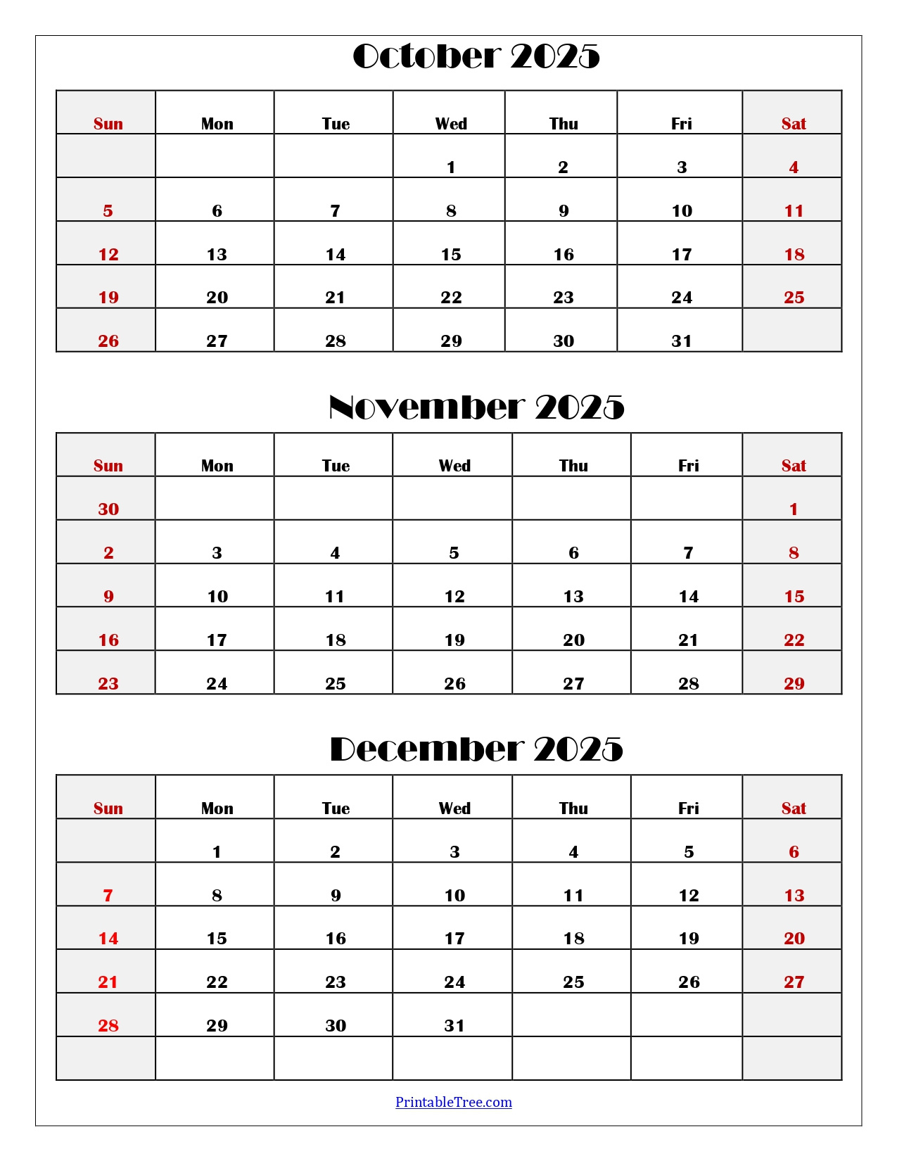 October To December 2025 Calendar Printable Pdf | Three Months with regard to October November December 2025 Calendar Printable