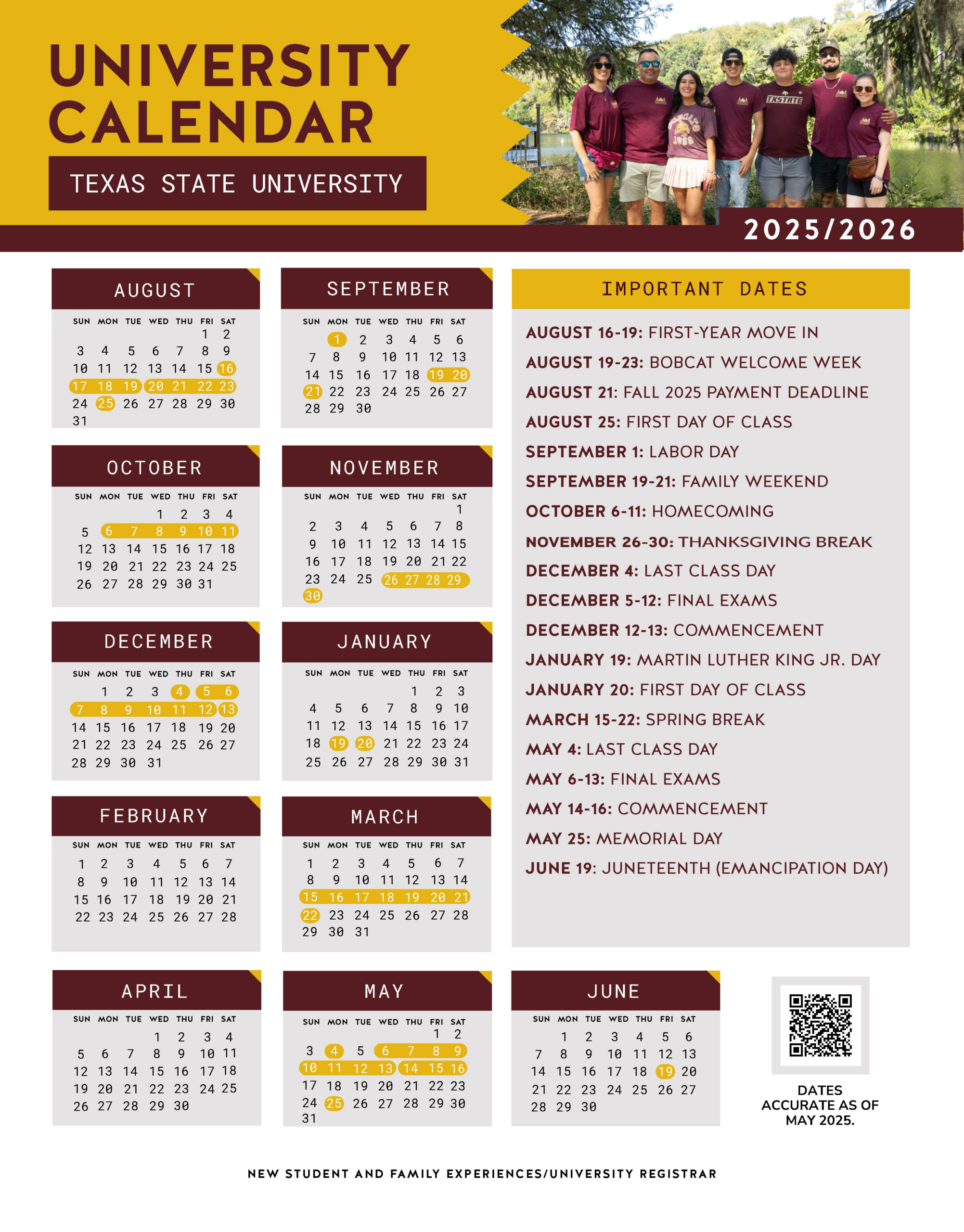 Parent And Family Calendar : Family Experiences : Texas State intended for Texas State University 2026 Calendar Printable