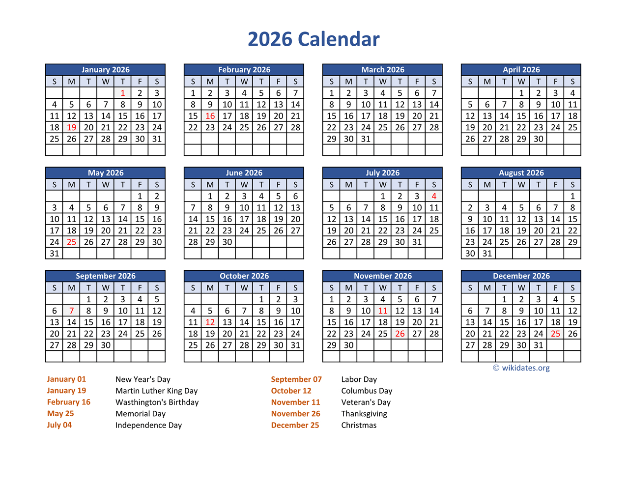 Pdf Calendar 2026 With Federal Holidays | Wikidates throughout Wiki Calendar 2026 Printable