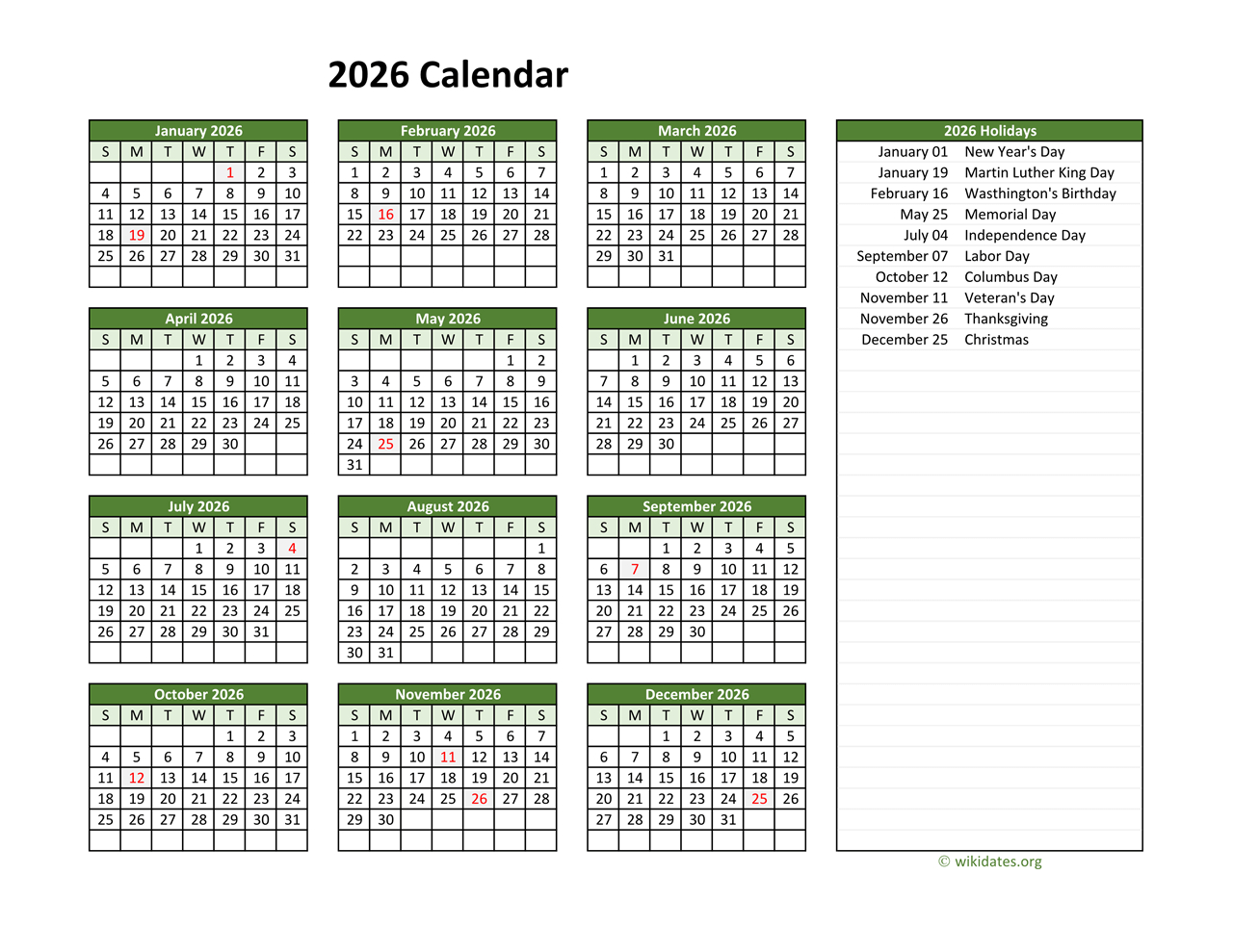 Printable 2026 Calendar With Federal Holidays | Wikidates pertaining to 2026 Calendar Printable with Federal Holidays