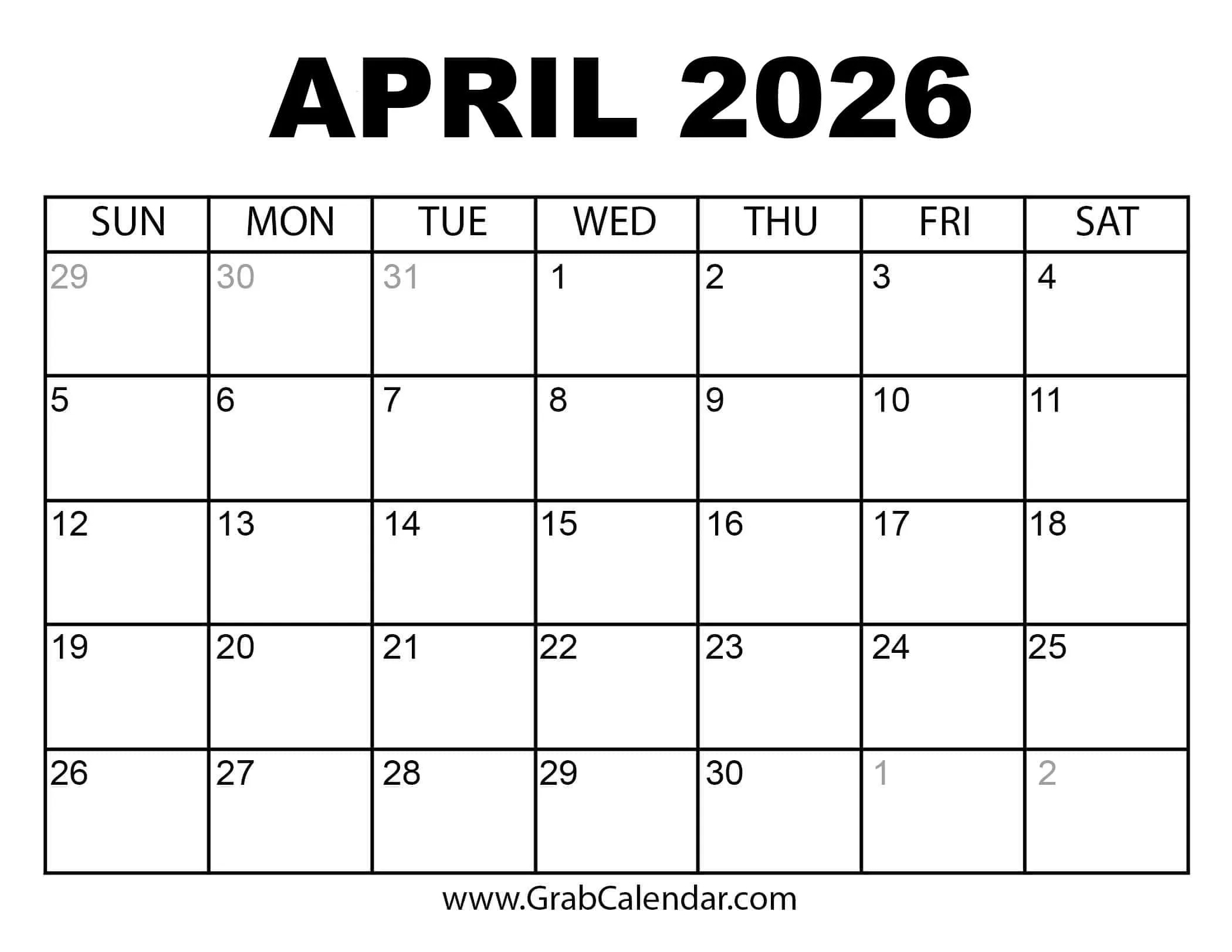 Printable April 2026 Calendar intended for April 2026 Calendar Printable