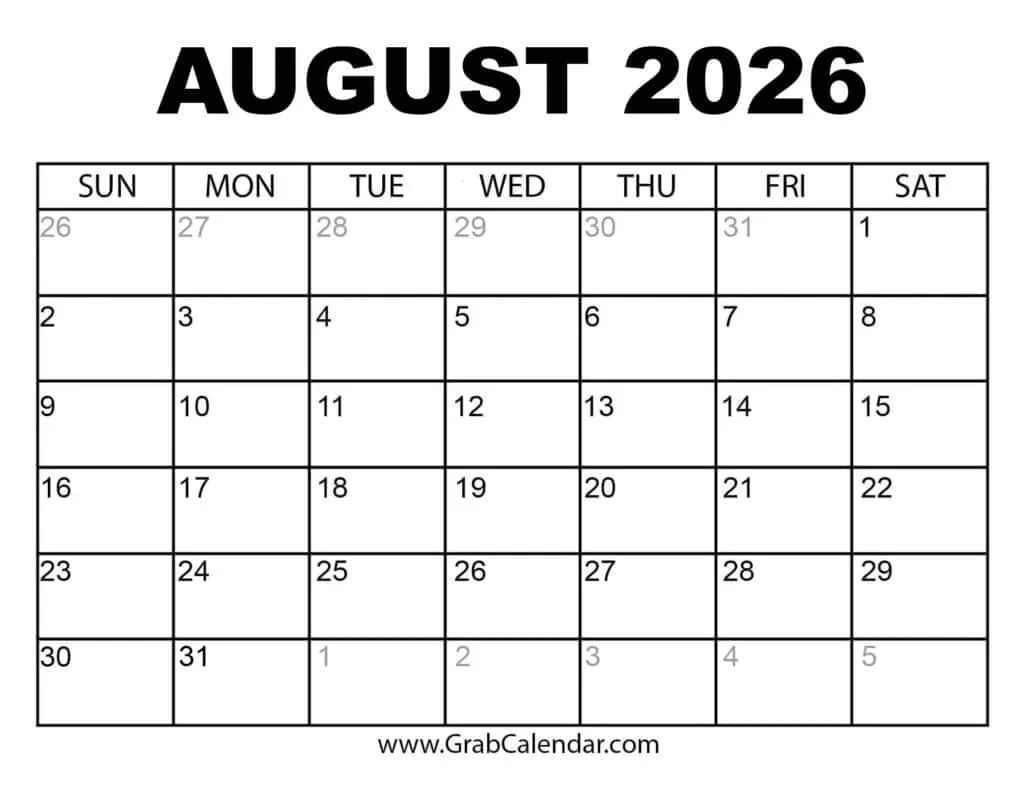 Printable August 2026 Calendar with August 2026 Calendar Printable