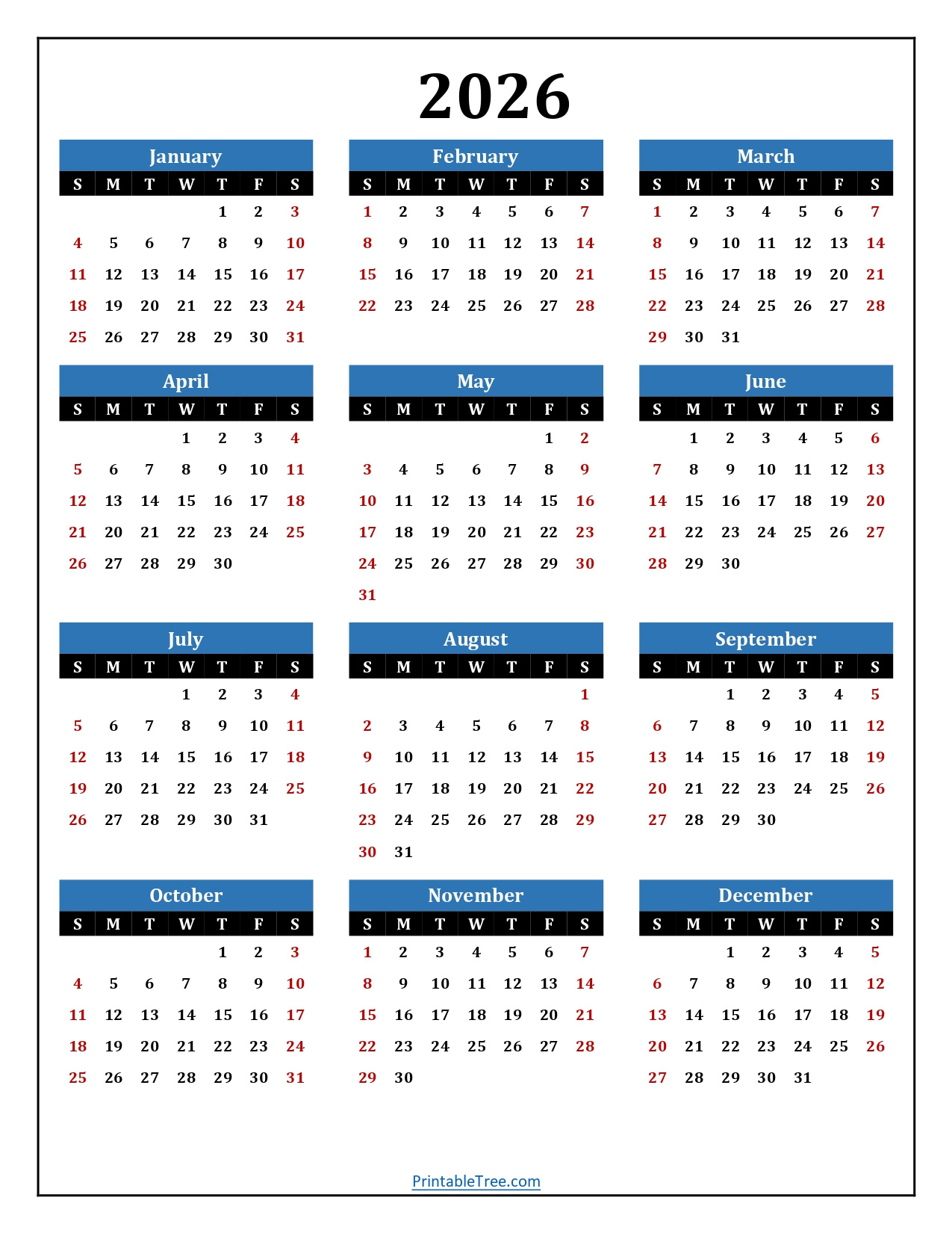 Printable Calendar 2026 One Page With Holidays (Single Page) 2026 regarding 2026 Calendar Free Printable One Page