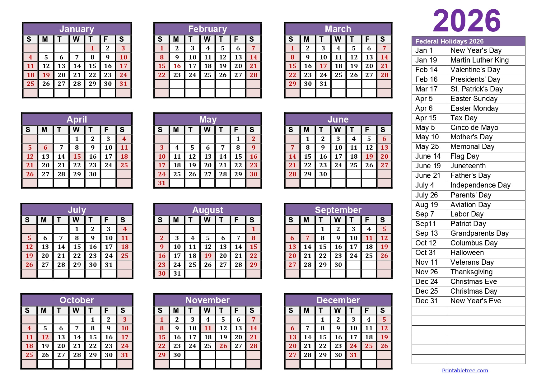 Printable Calendar 2026 One Page With Holidays (Single Page) 2026 throughout Printable Julian Date Calendar 2026
