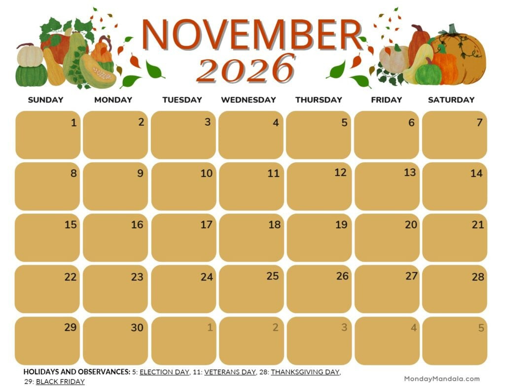 Printable Calendars For 2025 &amp;amp; 2026 (Free Pdfs) within Nov 2026 Calendar Printable Free