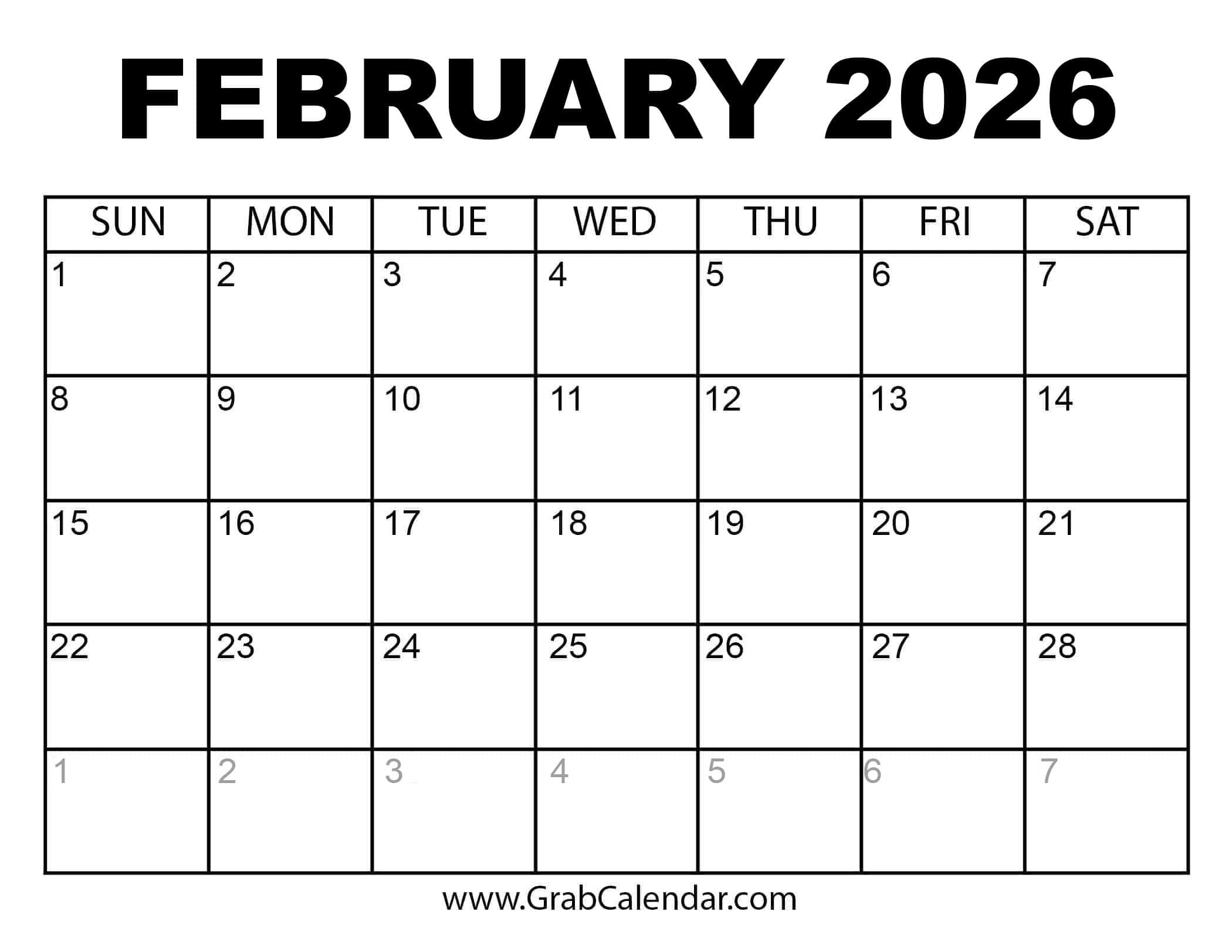 Printable February 2026 Calendar in February 2026 Calendar Page
