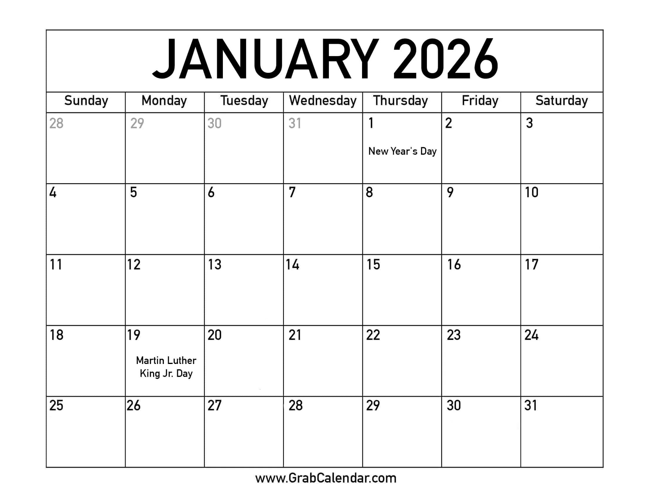 Printable January 2026 Calendar pertaining to Free Printable January 2026 Calendar With Holidays