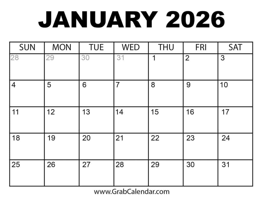 Printable January 2026 Calendar throughout Free Printable January 2026 Calendar Numbers