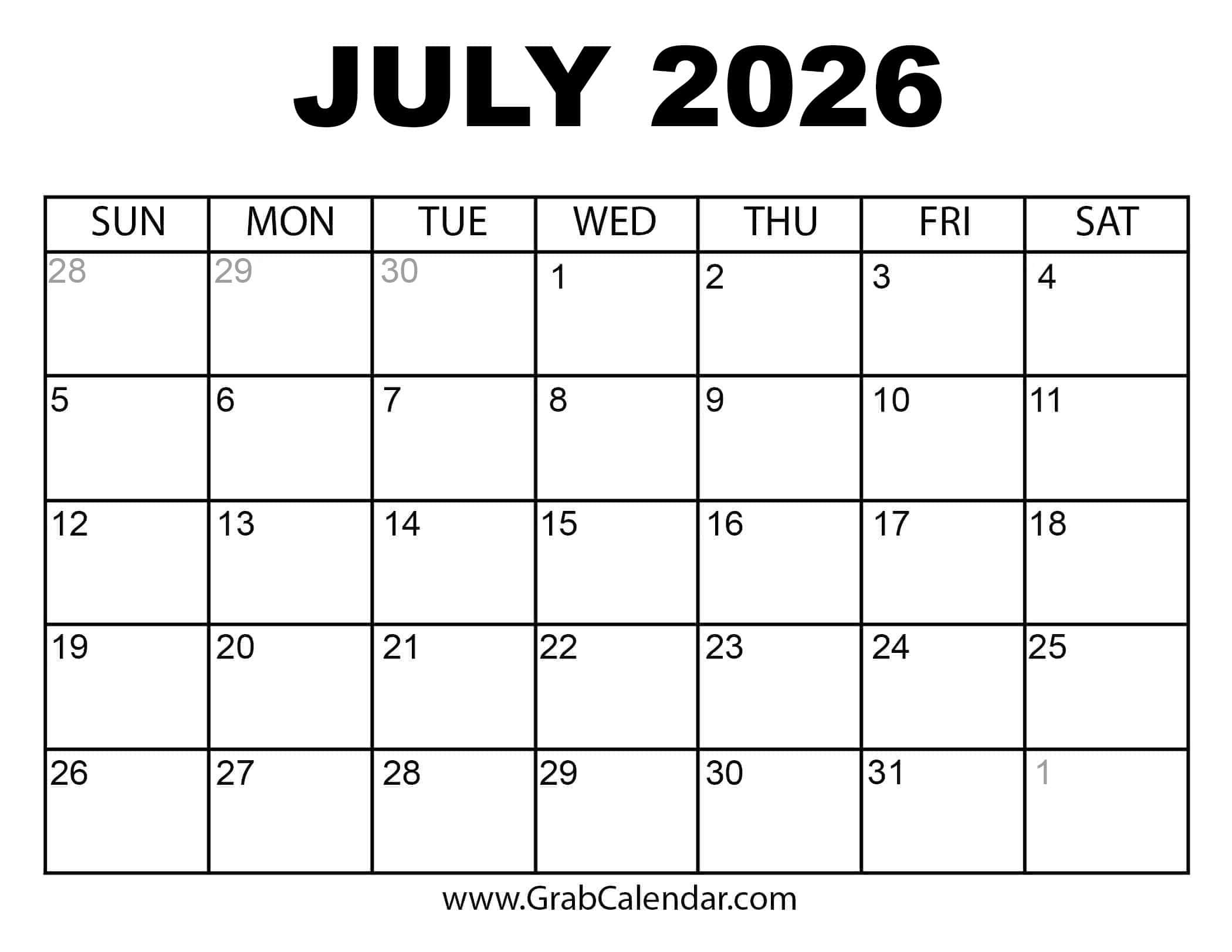 Printable July 2026 Calendar regarding July 2026 Calendar Printable