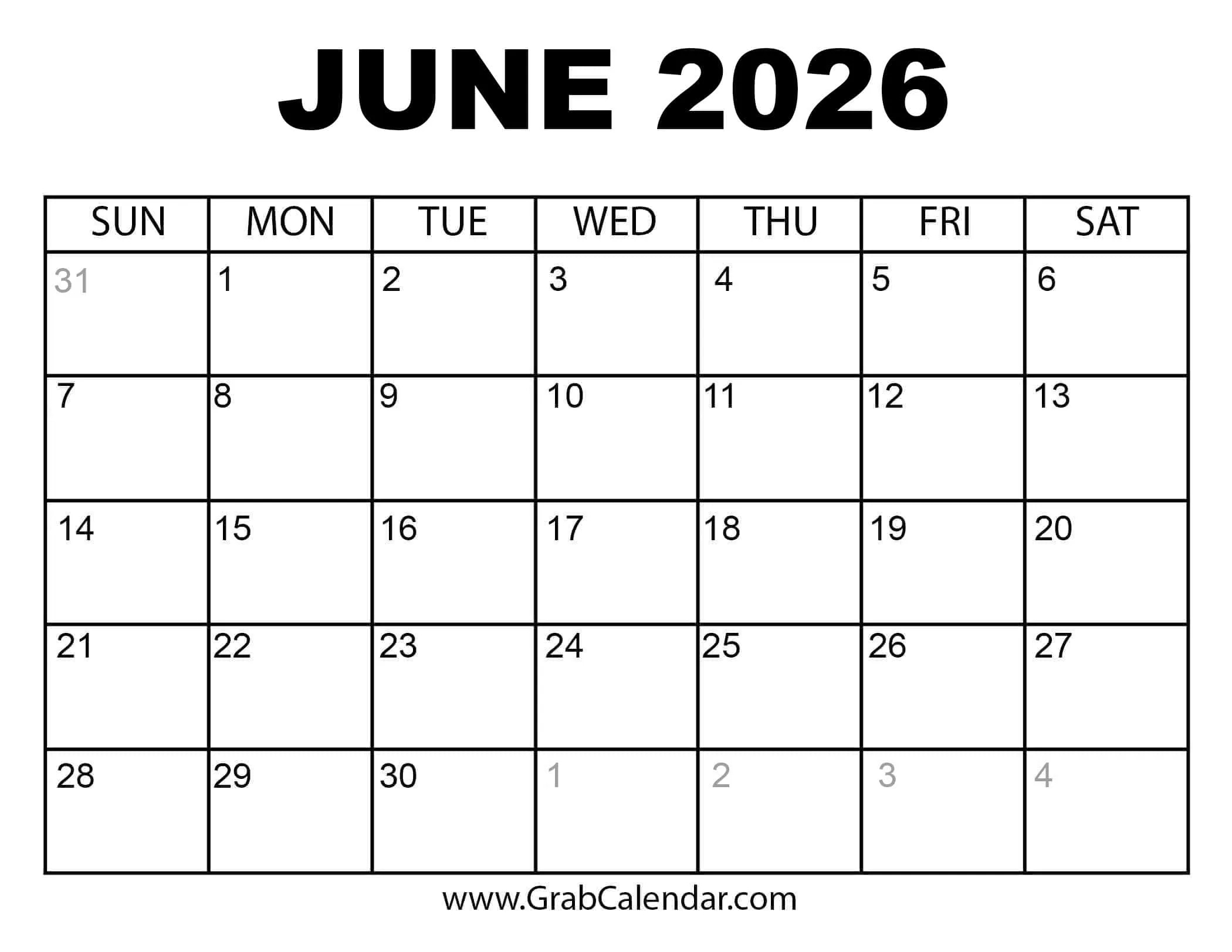 Printable June 2026 Calendar throughout Free Printable June 2026 Calendar