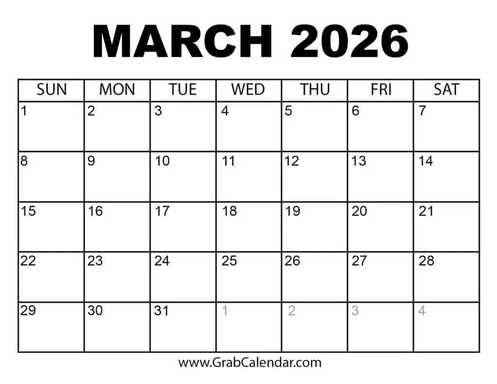Printable March 2026 Calendar within March 2026 Calendar Printable Free