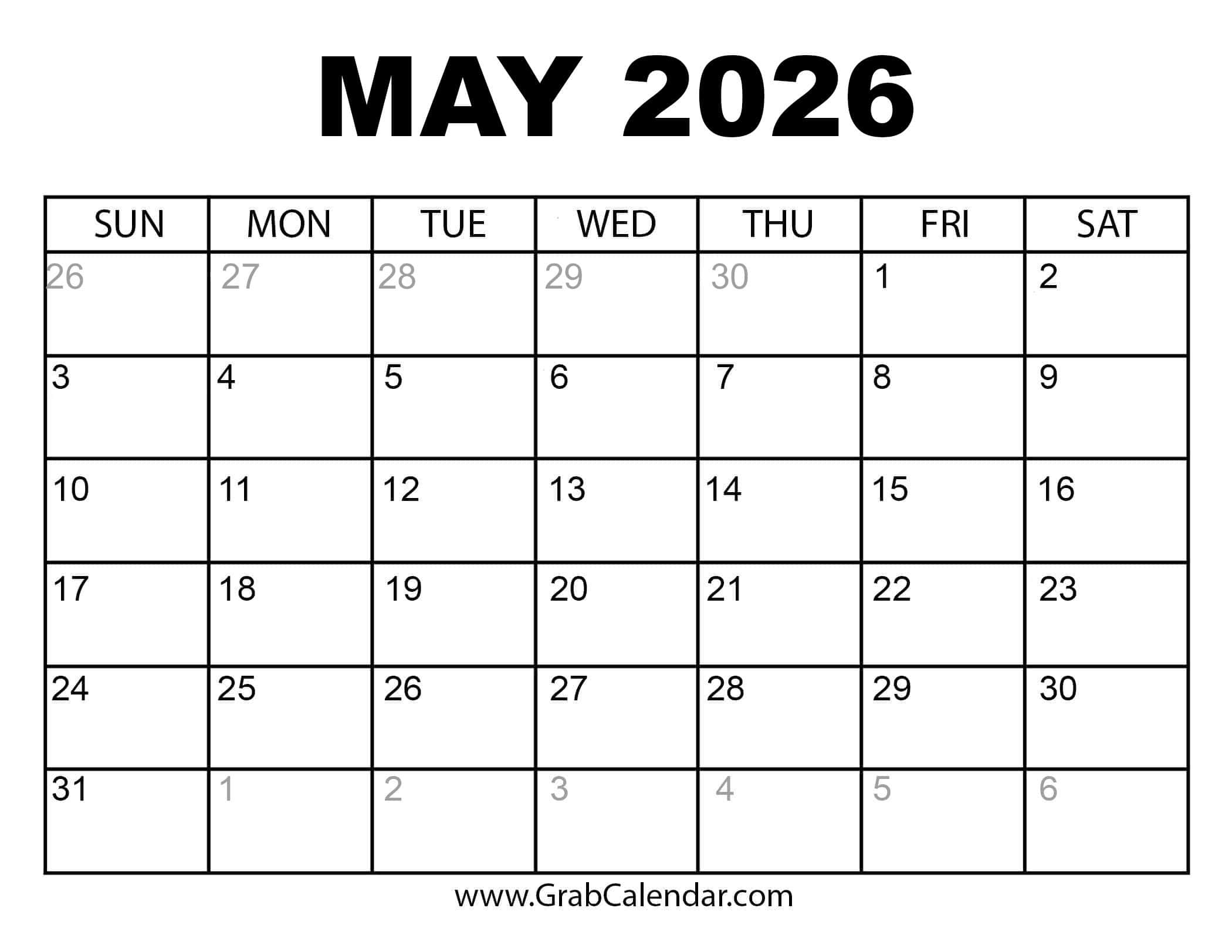 Printable May 2026 Calendar inside May 2026 Calendar Printable Free