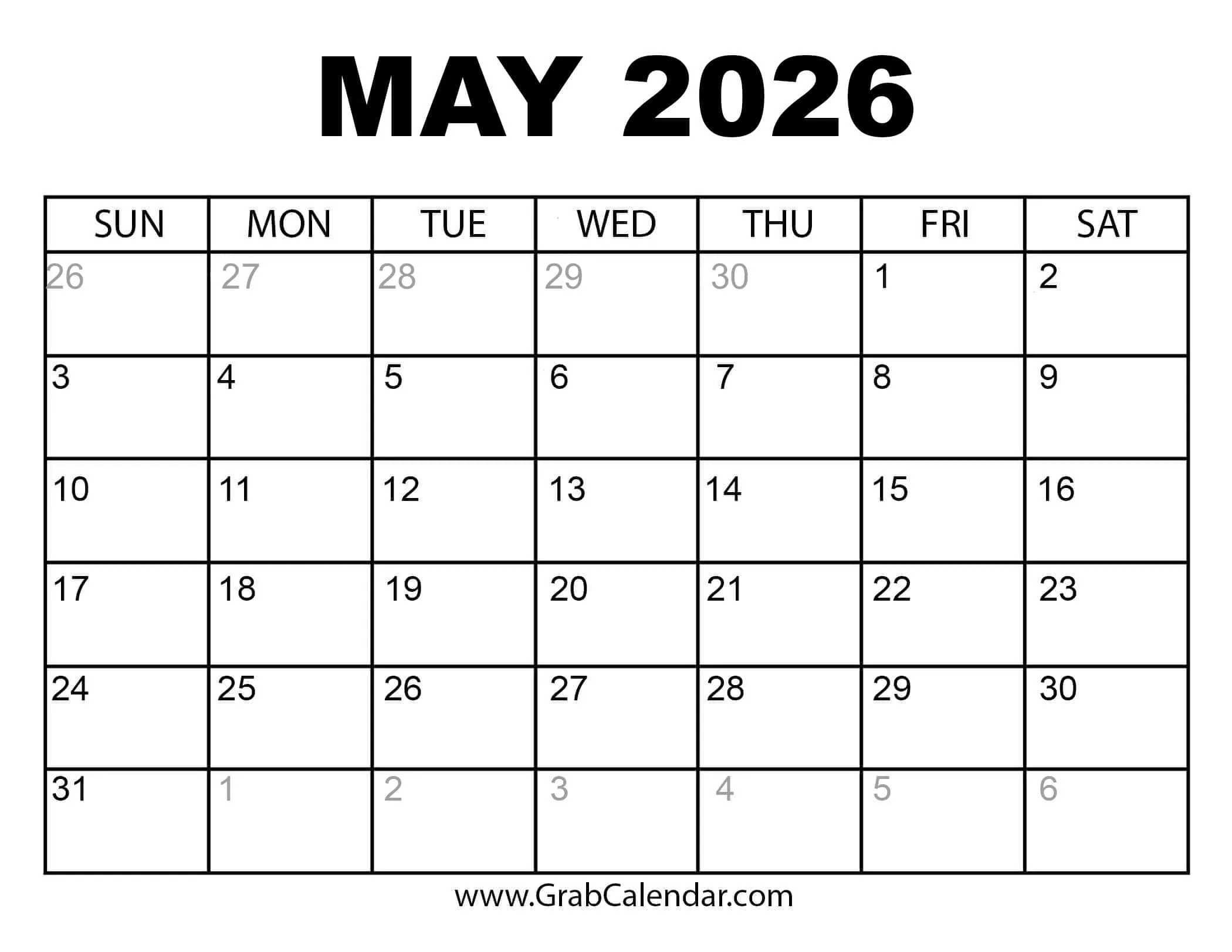 Printable May 2026 Calendar inside May 2026 Calendar Printable