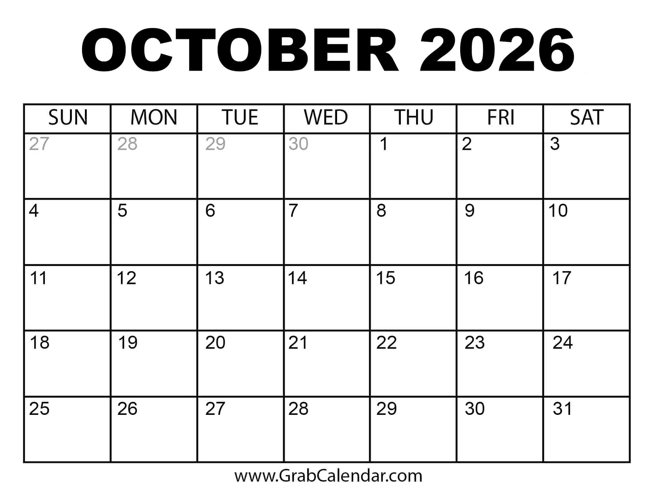Printable October 2026 Calendar in October 2026 Calendar Printable Free