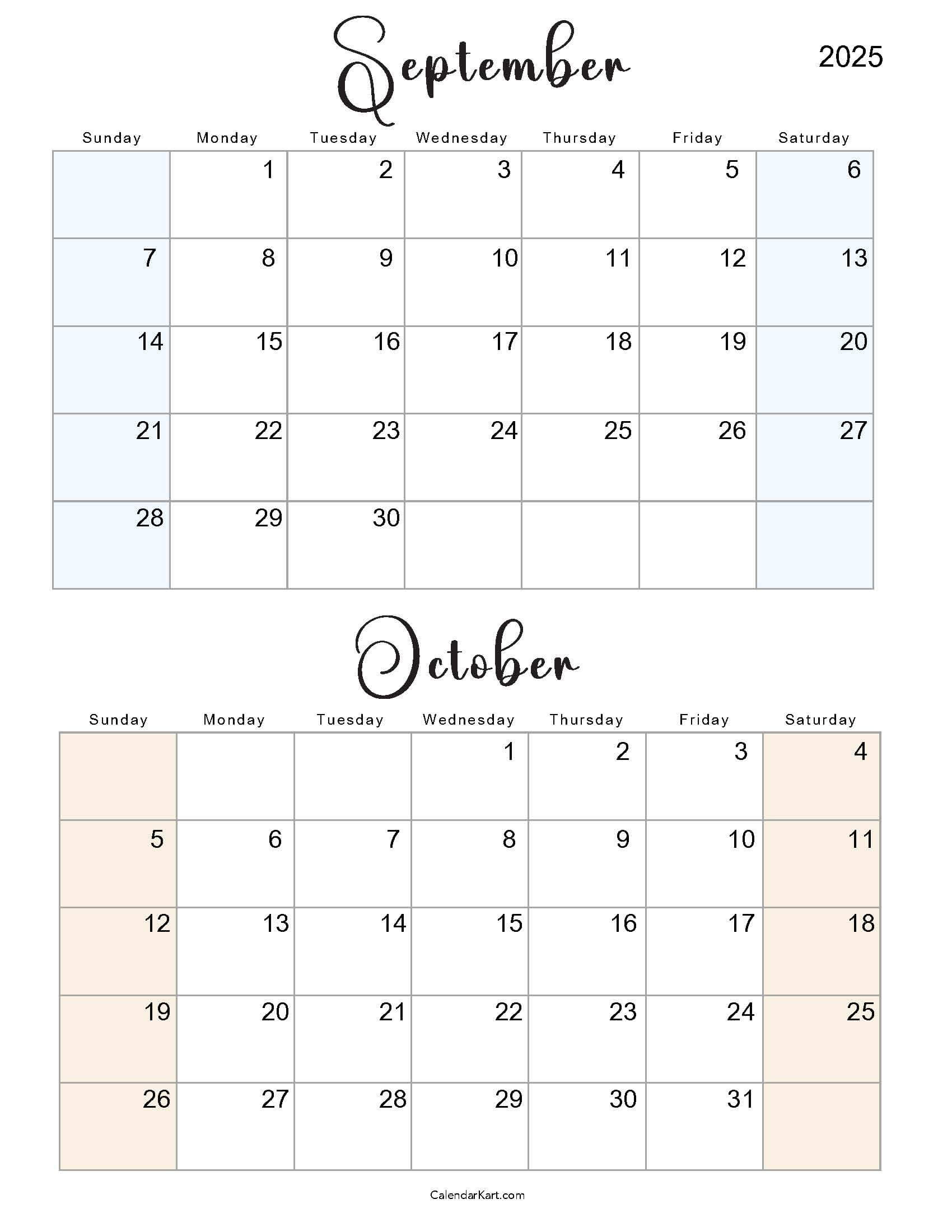 Printable September October 2025 Calendar | Calendarkart intended for Printable Calendar For September And October 2025
