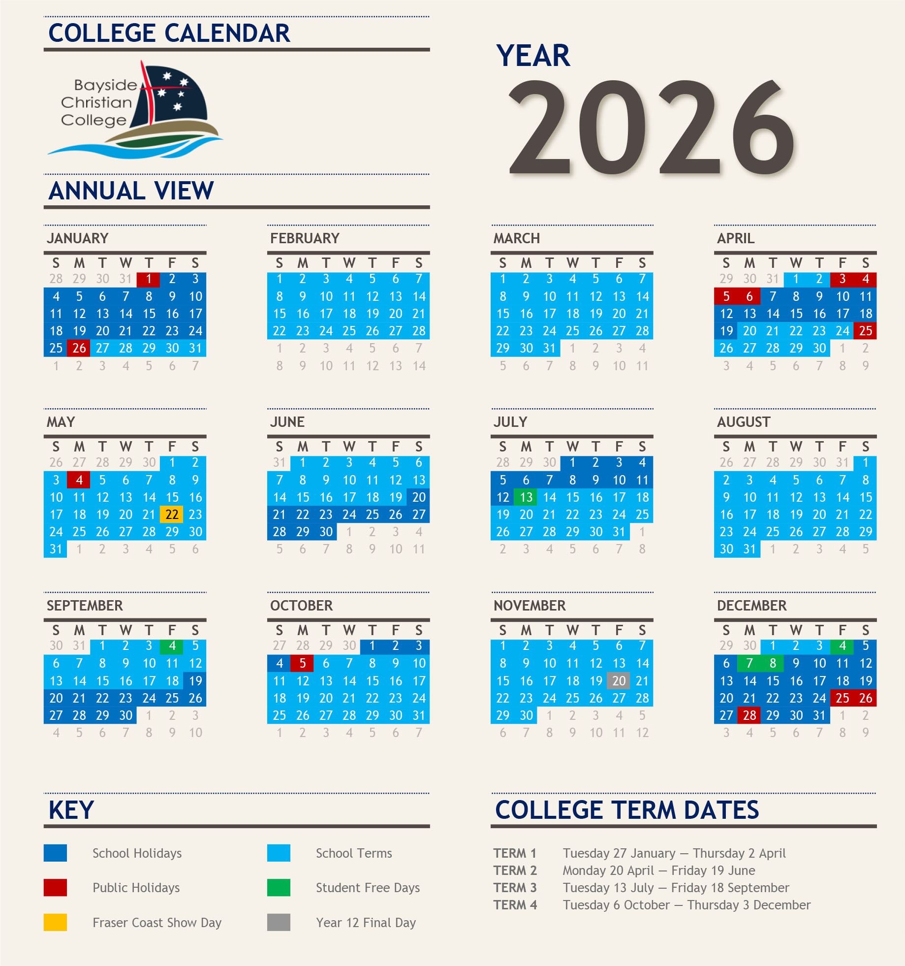 School Calendar | Bayside Christian College Hervey Bay regarding 2026 School Calendar Qld Printable