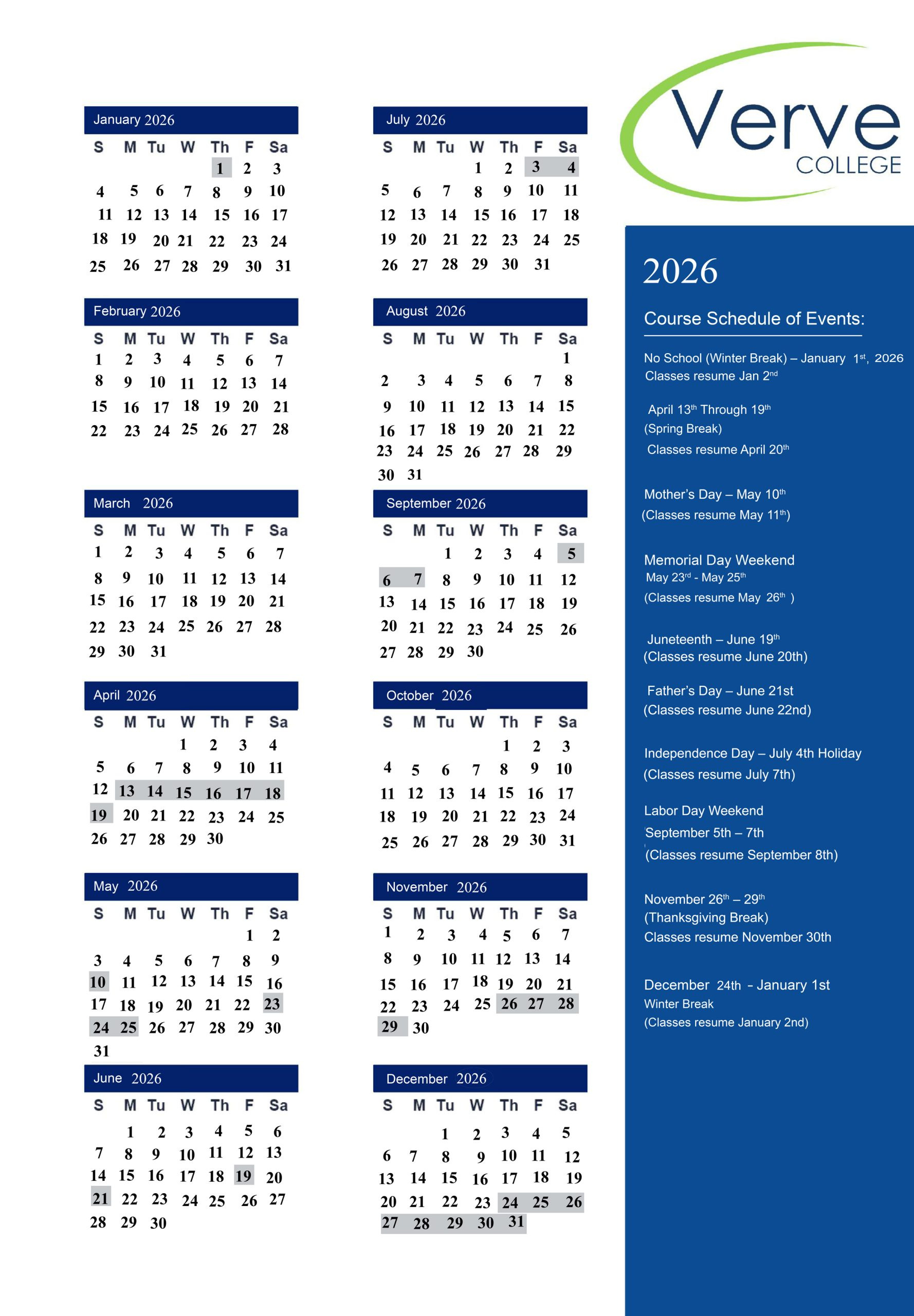 School Calendar | Verve College | Practical Nurse School within General Blue 2026 Calendar Printable