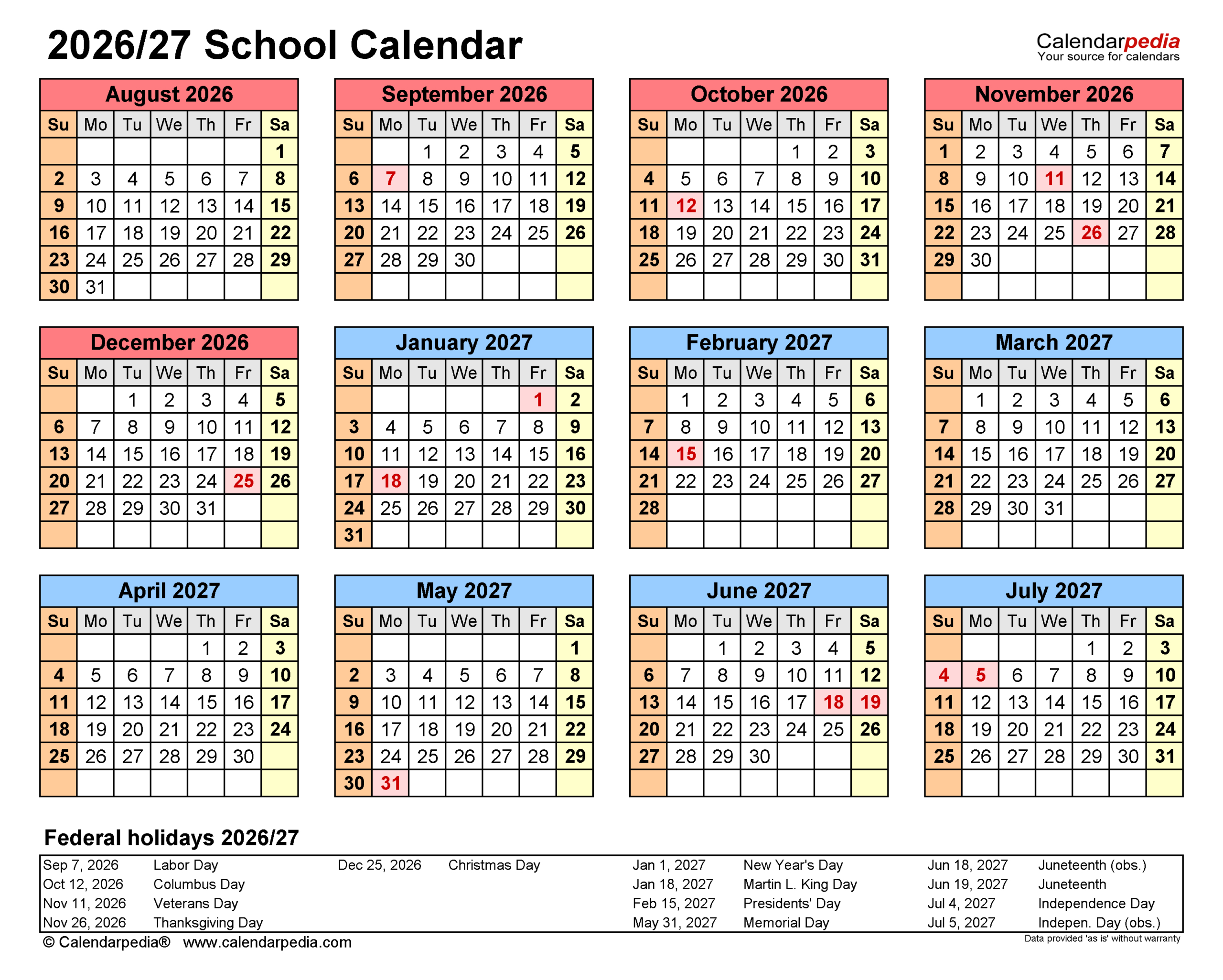 School Calendars 2026/2027 - Free Printable Pdf Templates with regard to HHH School Calendar 2026 - 2027