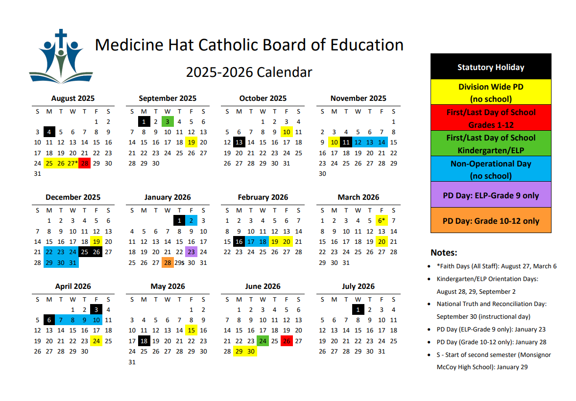 School Year Calendar 2025-2026 | Medicine Hat Catholic Board Of with Catholic Education School Calendar 2026