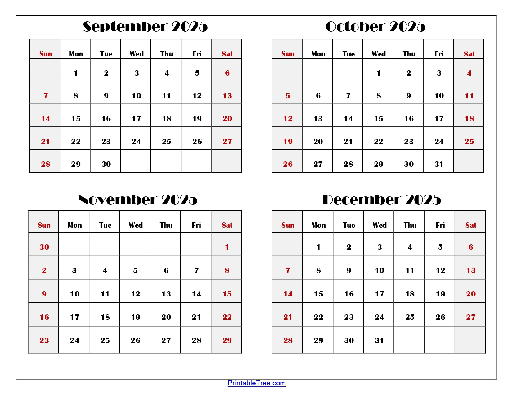 September To December 2025 Calendar Printable Pdf | Four Months with Printable Calendar 2025 September October November