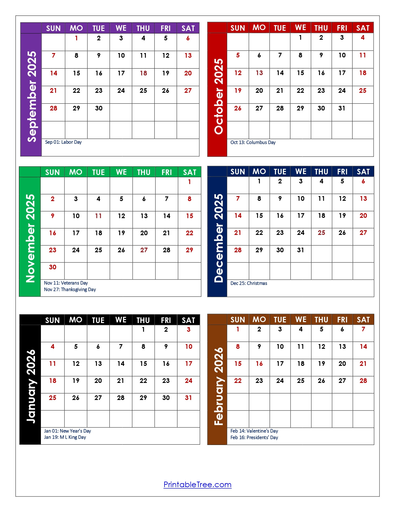 September To February 2026 Calendar Printable Pdf | Six Months inside September 2025 August 2026 Calendar Printable