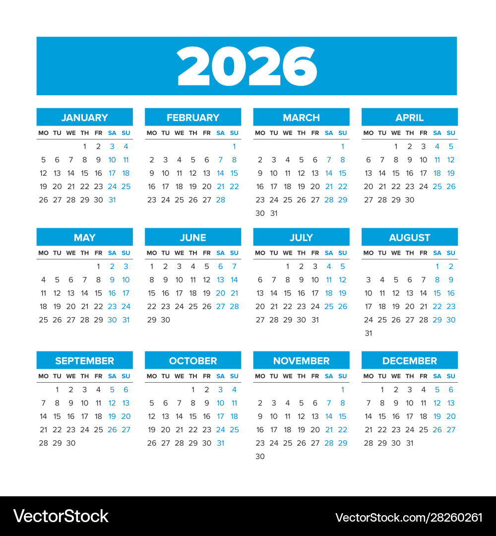 Simple Calendar 2026 Weeks Start On Monday – Royalty-Free Vector regarding 2026 Calendar Printable Monday Start