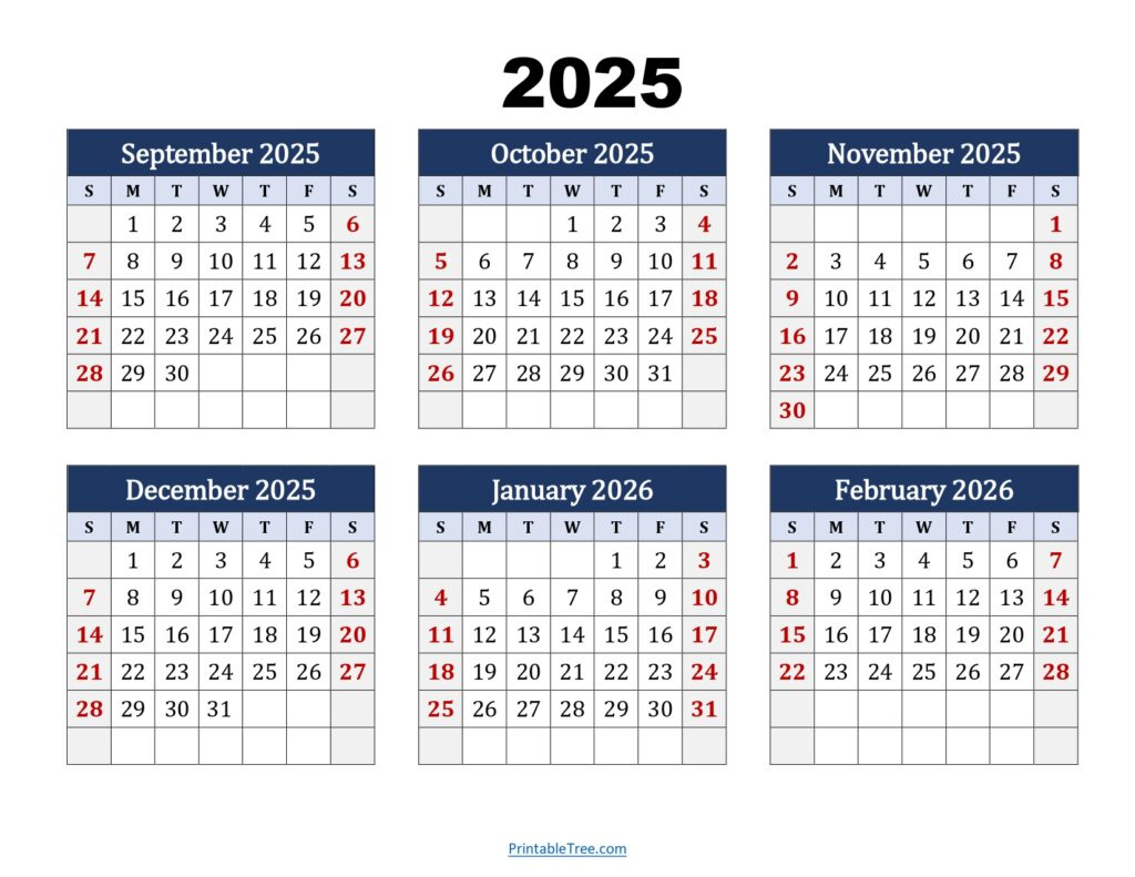 Six Month Calendar 2025-2026 Printable Pdf- 6 Months Calendar in September 2025 June 2026 Calendar Printable