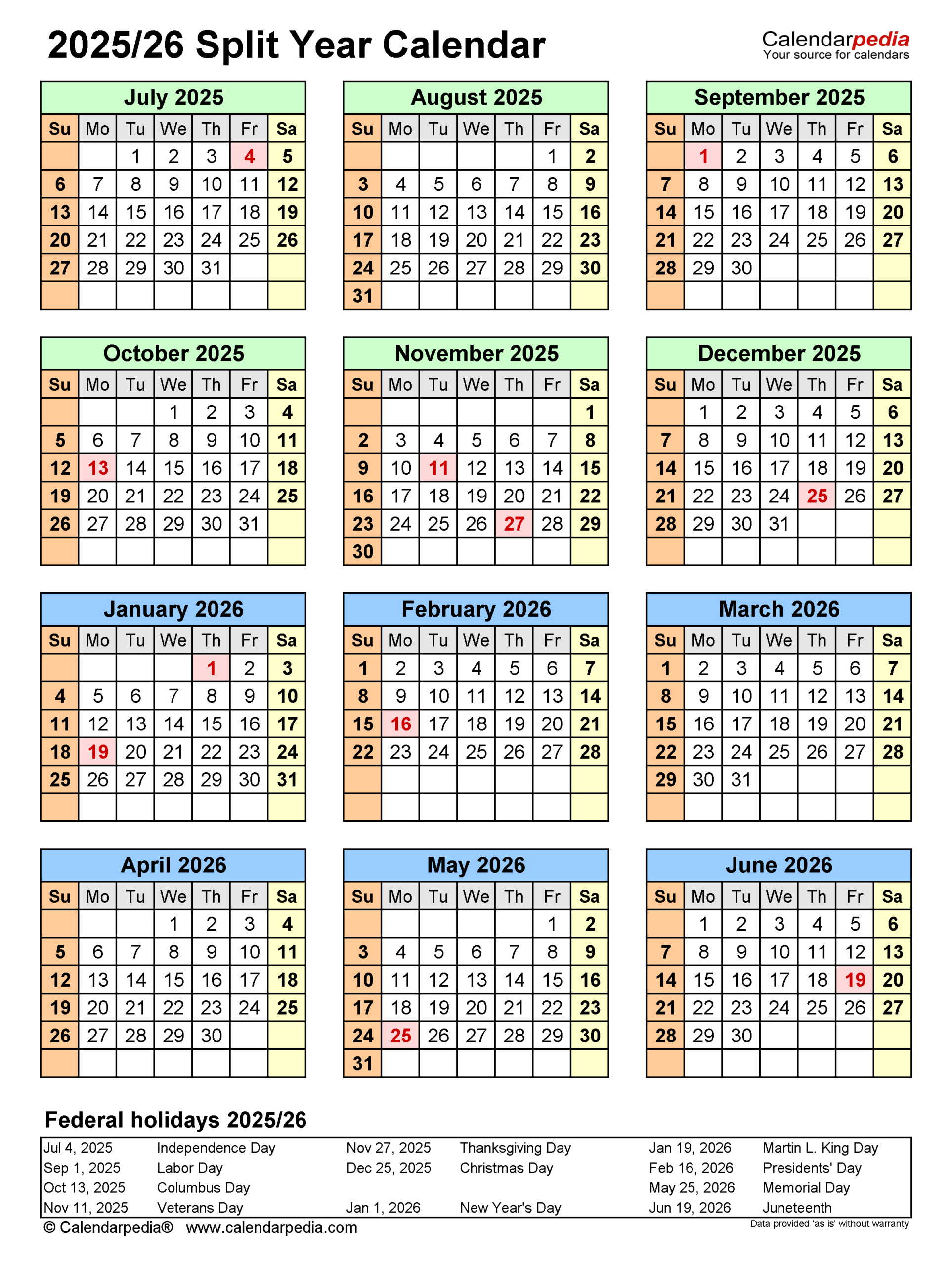 Split Year Calendars 2025/2026 (July To June) - Pdf Templates pertaining to July 2025 to June 2026 Calendar Printable