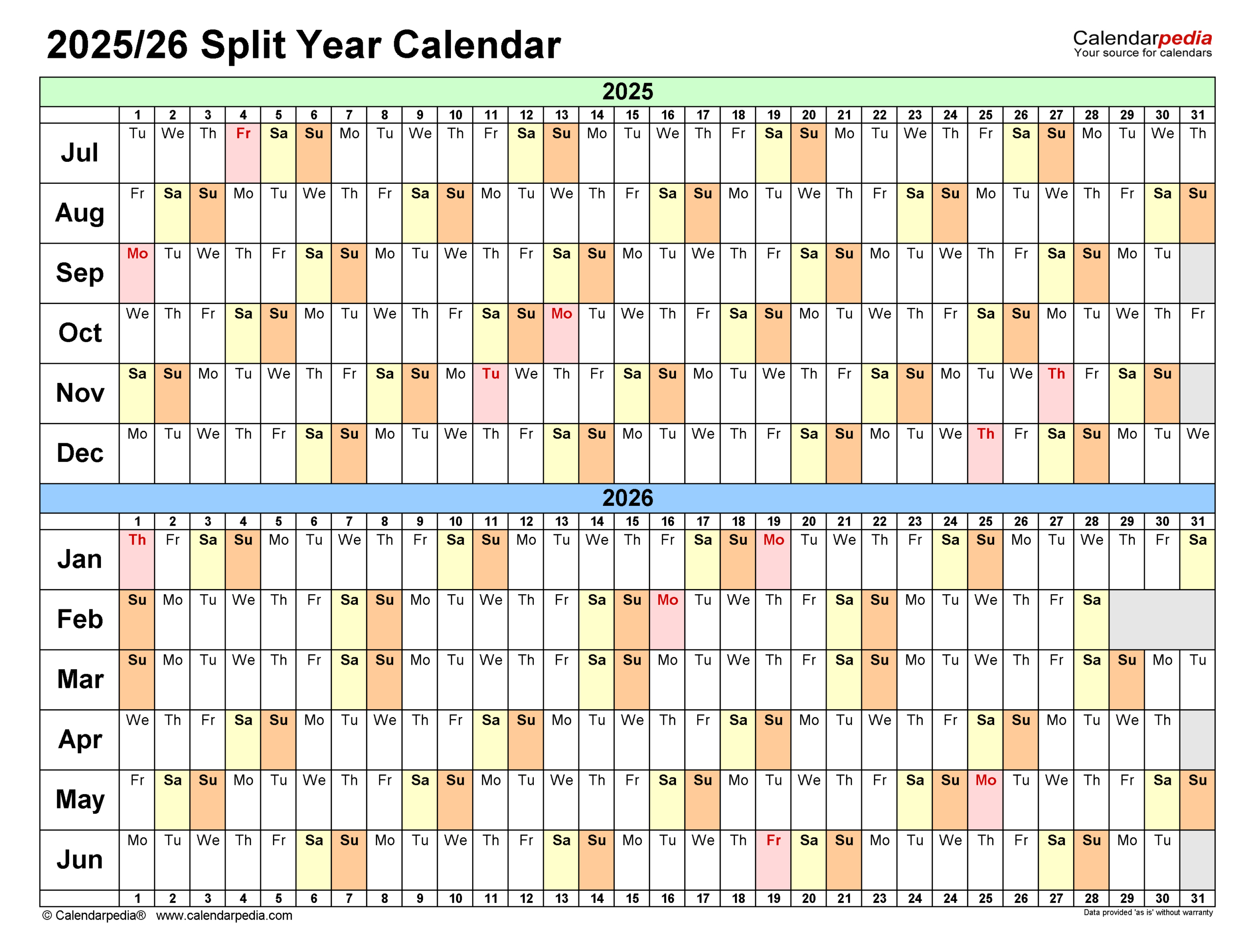 Split Year Calendars 2025/2026 (July To June) - Pdf Templates with regard to July 2025 June 2026 Calendar Printable