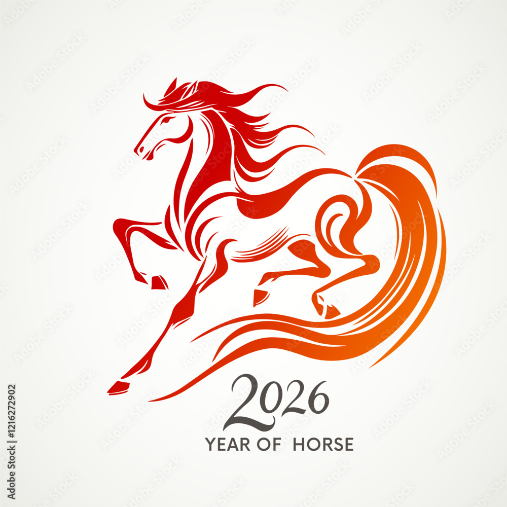 Stock-Vektorgrafik „Running Red Fire Horse Symbol Of New Year 2026 regarding Chinese Calendar 2026 Horse