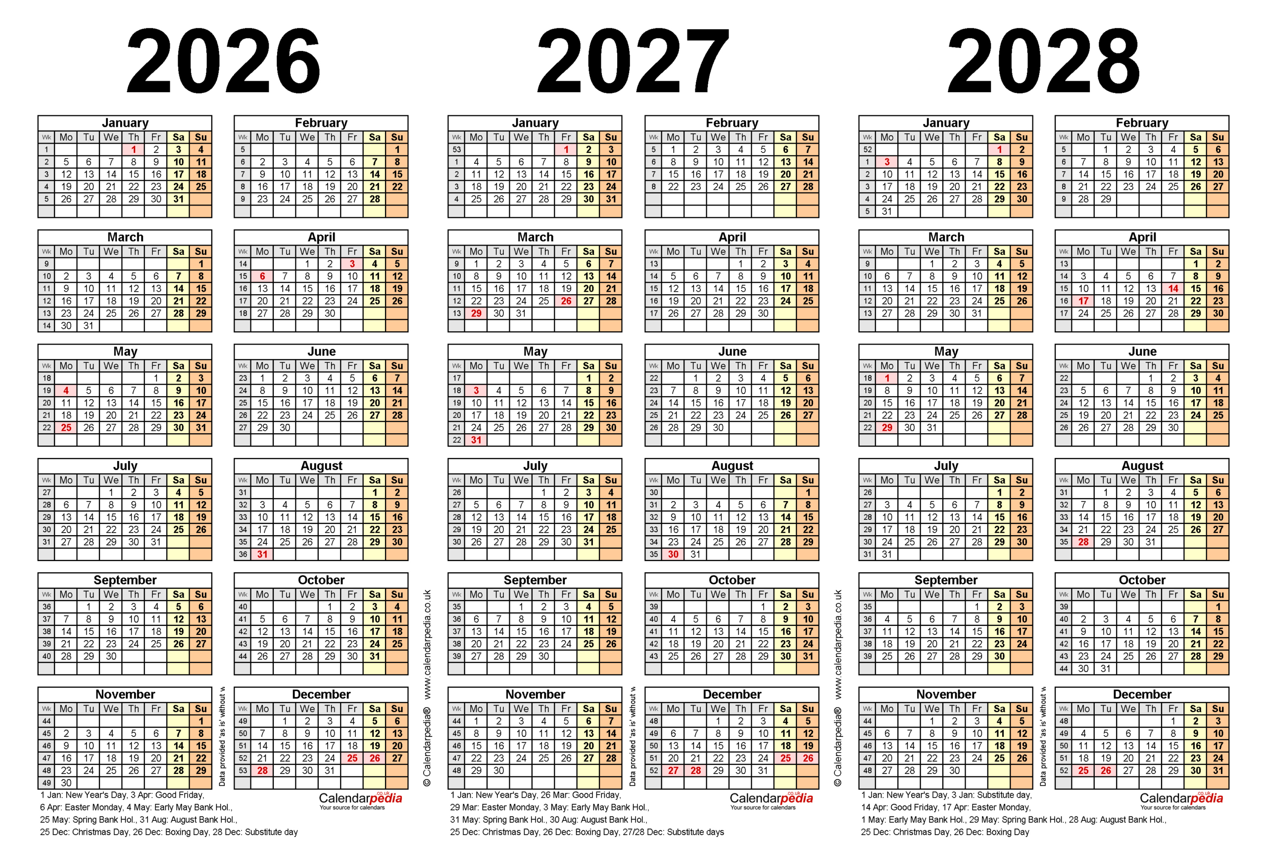 Three Year Calendars For 2026, 2027 And 2028 (Uk) For Pdf intended for Printable 3 Year Calendar 2026 2027 2028