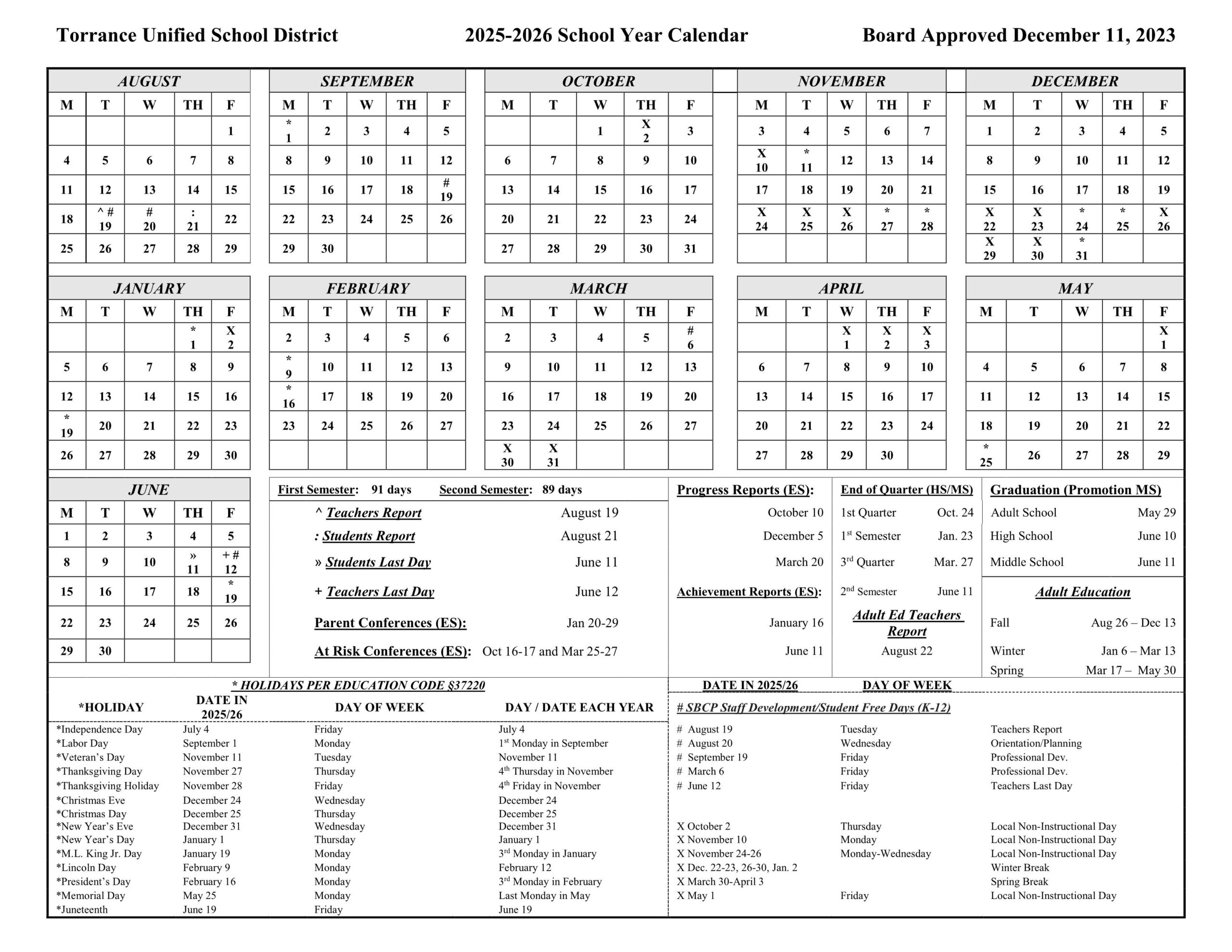 Torrance Unified School Calendar 25-26 [Pdf] - Educounty with regard to Tusd 2025 to 2026 Calendar Printable