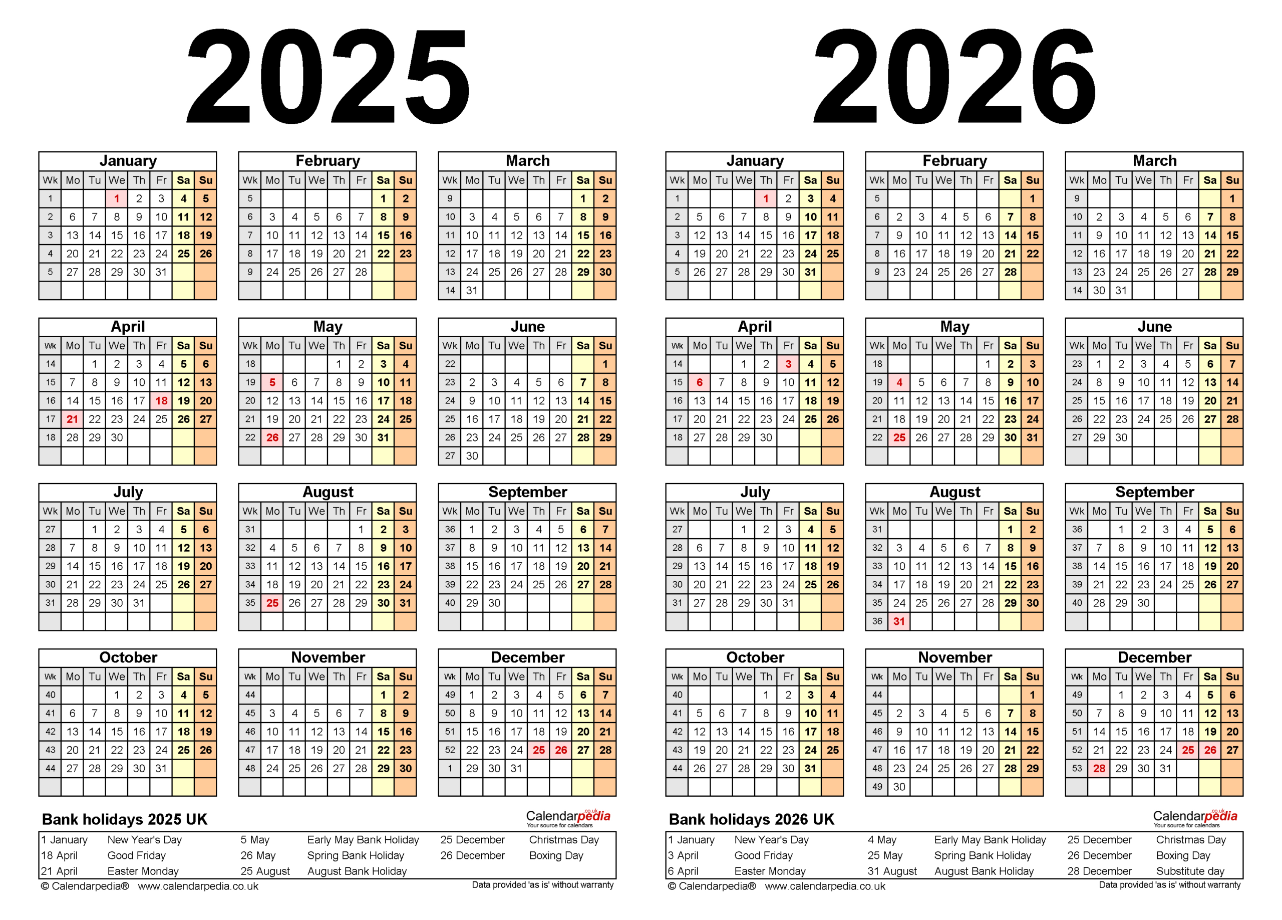 Two Year Calendars For 2025 And 2026 (Uk) For Pdf in Calendar 2025 And 2026 Printable