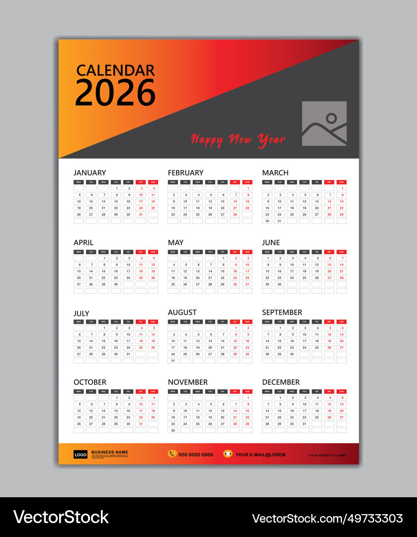 Wall Calendar 2026 Template Week Starts On Monday – Lizenzfreie for Wall Calendar 2026 Printable