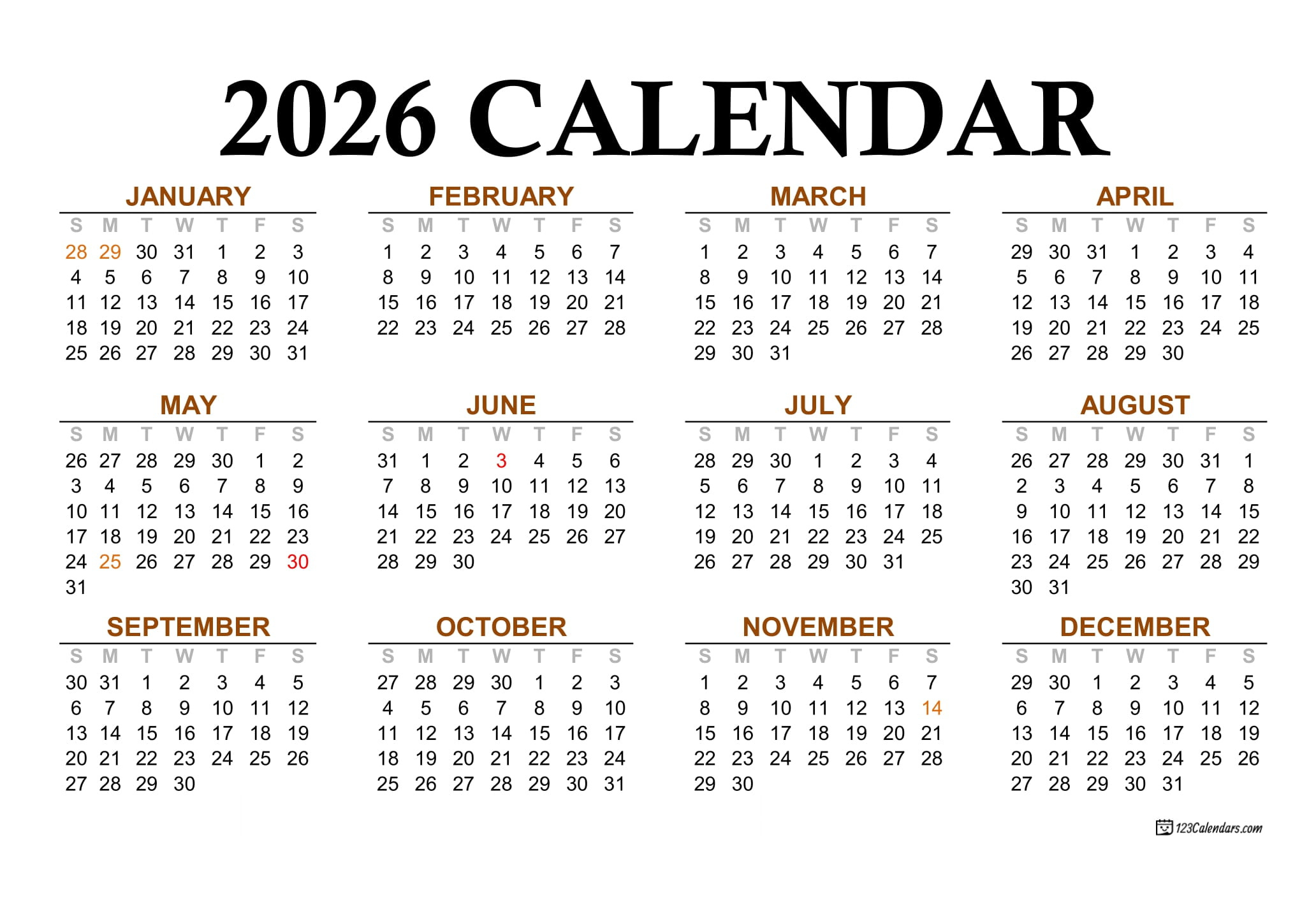 Year 2026 Calendar Templates | 123Calendars throughout 2026 Calendar Printable Philippines