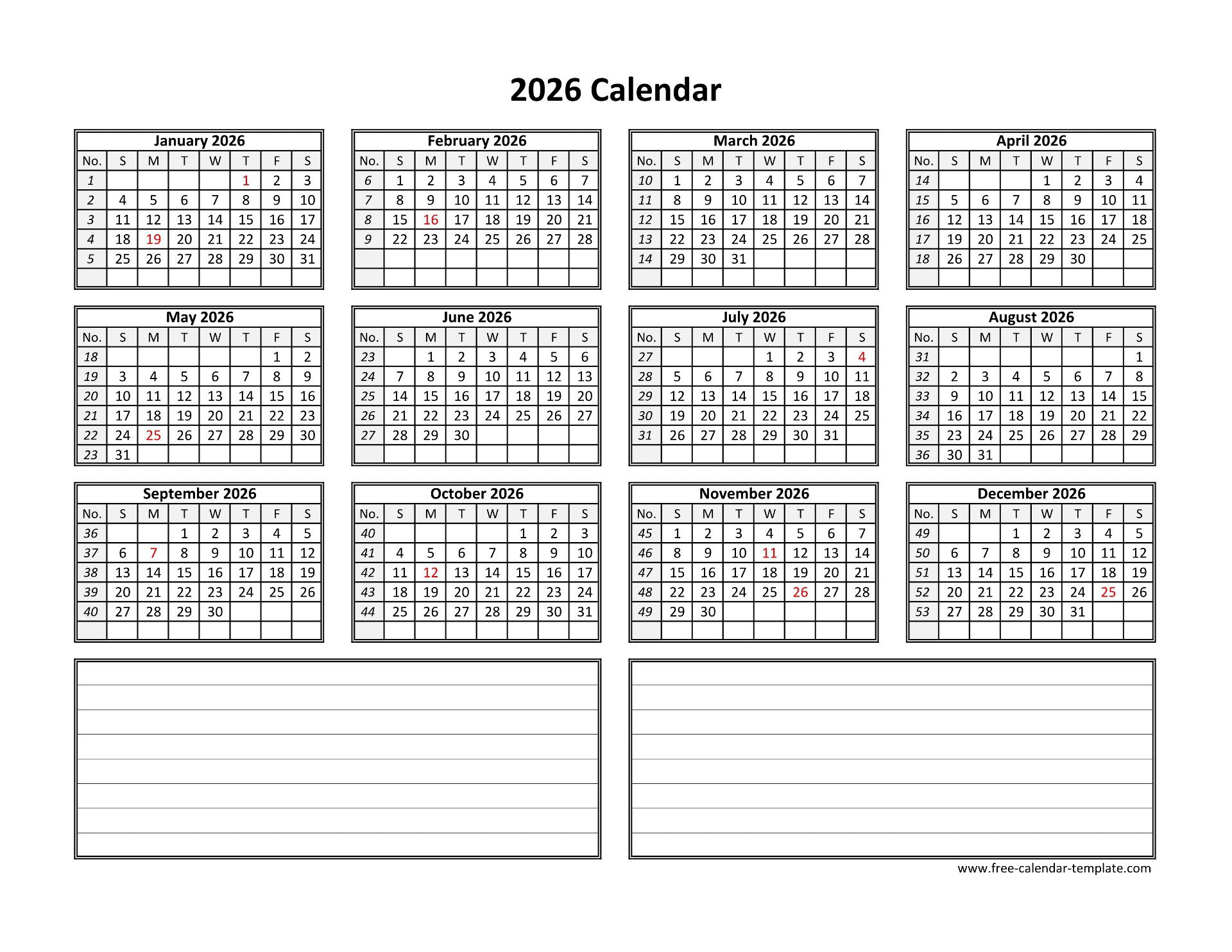 Yearly 2026 Calendar Printable With Space For Notes | Free with 2026 Calendar Printable With Notes