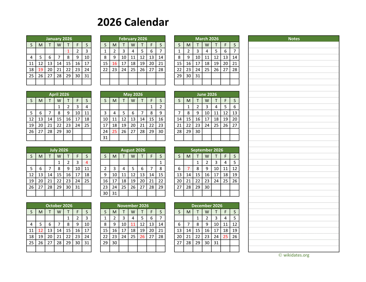 Yearly Printable 2026 Calendar With Notes | Wikidates for 2026 Calendar Printable Notes