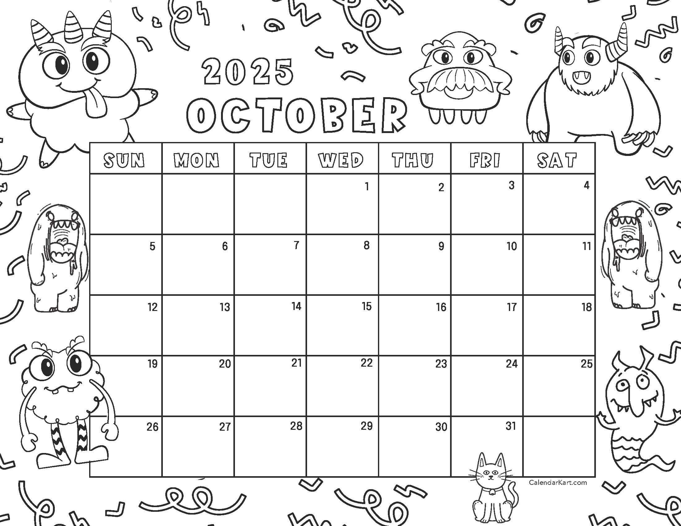 Free Printable October 2025 Calendars | Calendarkart throughout October 2025 Calendar Coloring Page