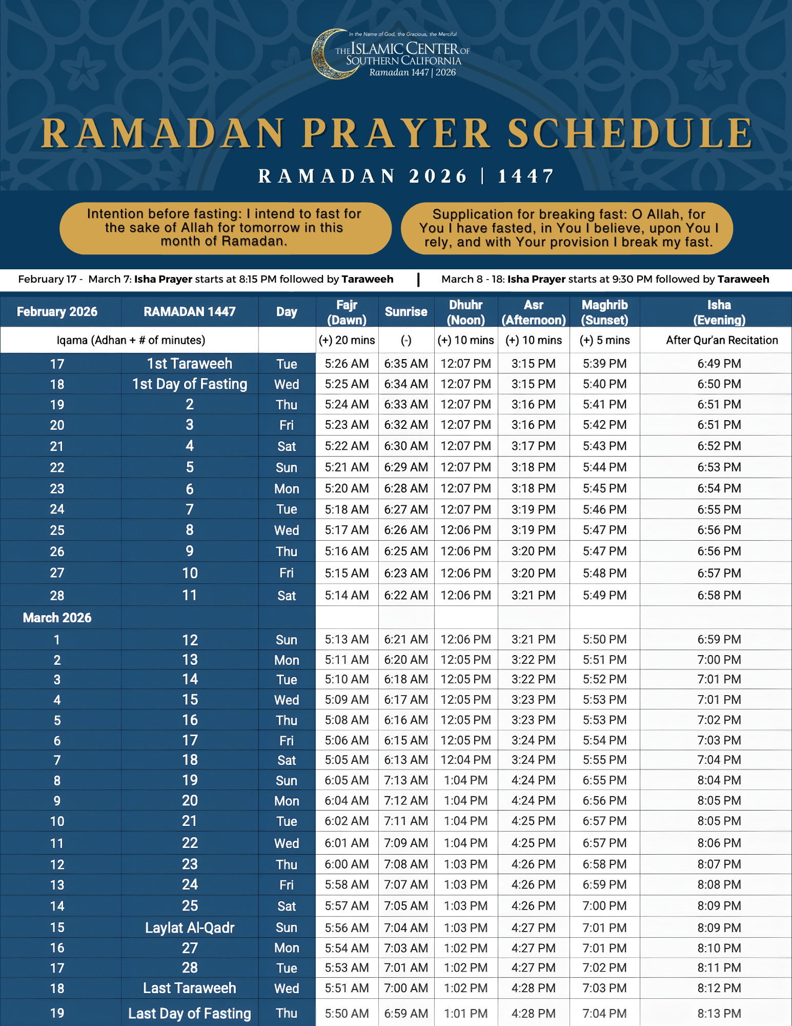 Icsc Ramadan 2026 | 1447 - Islamic Center Of Southern California within Ramadan Calendar 2026 Bay Area