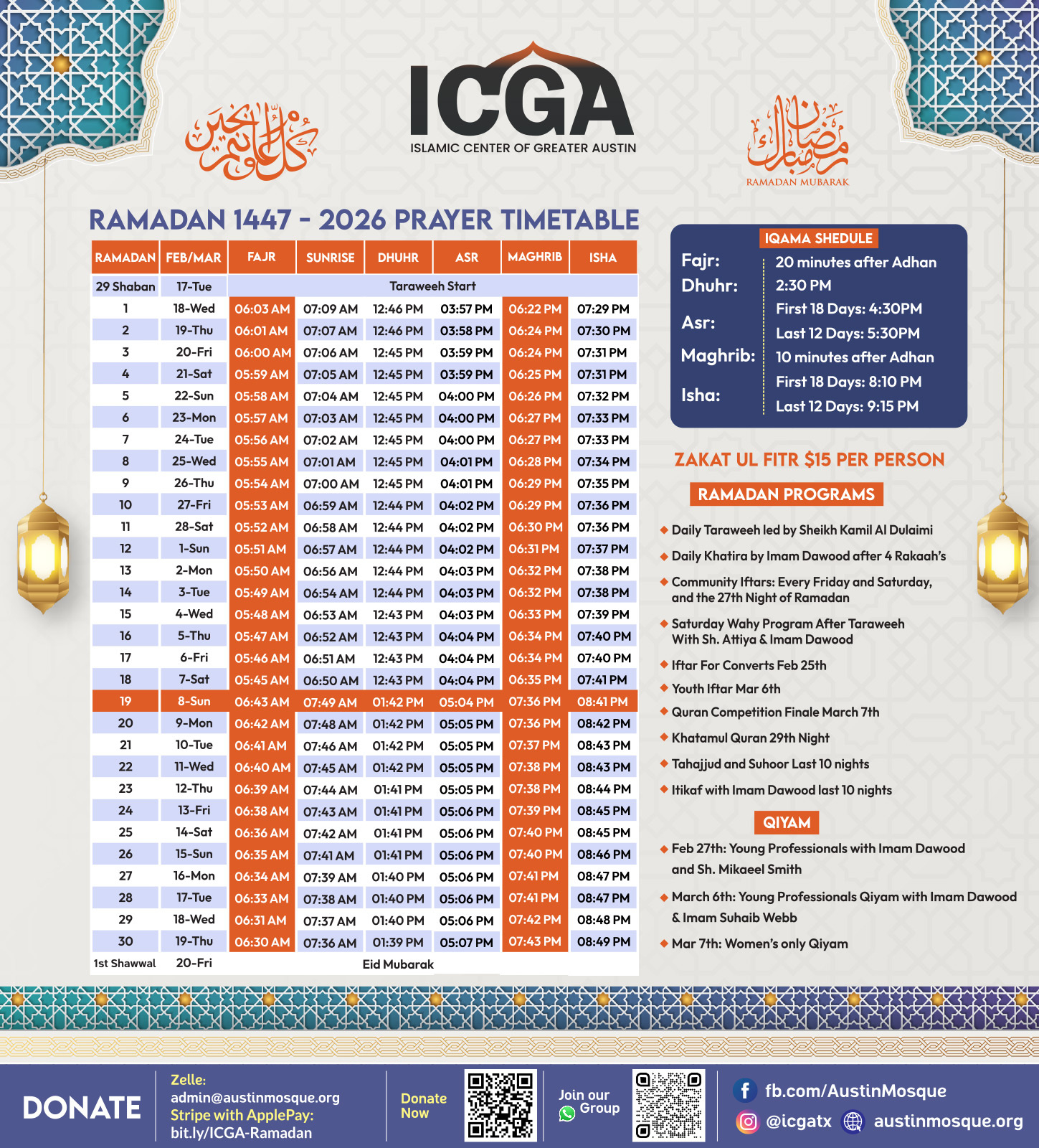 Islamic Center Of Greater Austin (Icga) in Ramadan 2026 Calendar Austin Tx