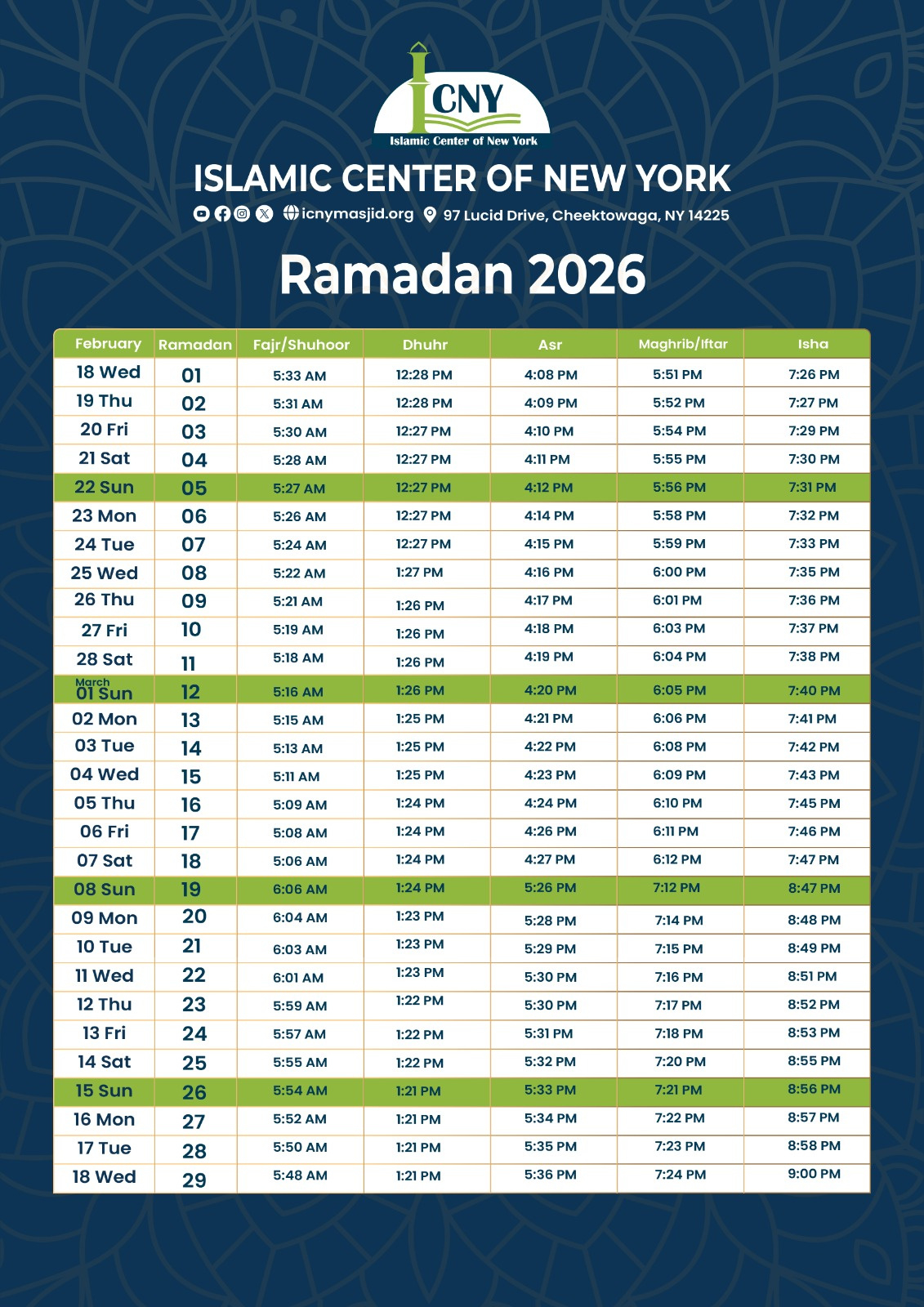 Islamic Center Of New York within Ramadan Calendar 2026 Buffalo Ny